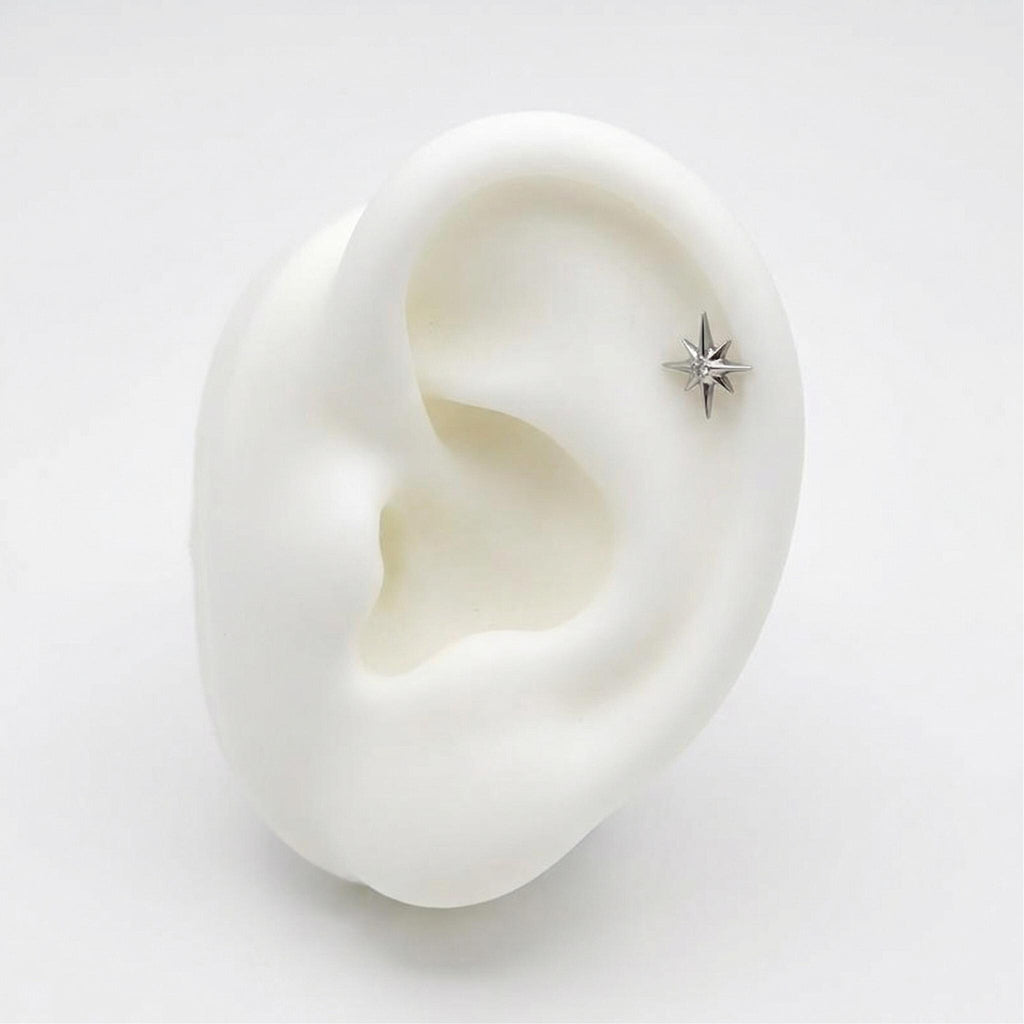 16G Titanium North Star Stud, CZ Starburst Flat Back Earring, Sparkly Helix Tragus Conch Piercing, Hypoallergenic Celestial Labret