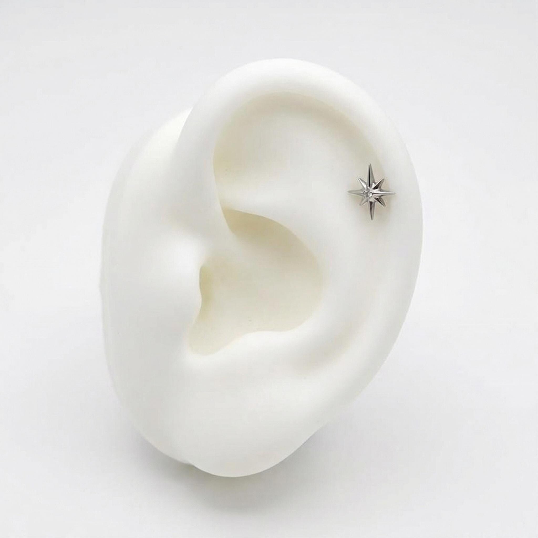 16G Titanium North Star Stud, CZ Starburst Flat Back Earring, Sparkly Helix Tragus Conch Piercing, Hypoallergenic Celestial Labret