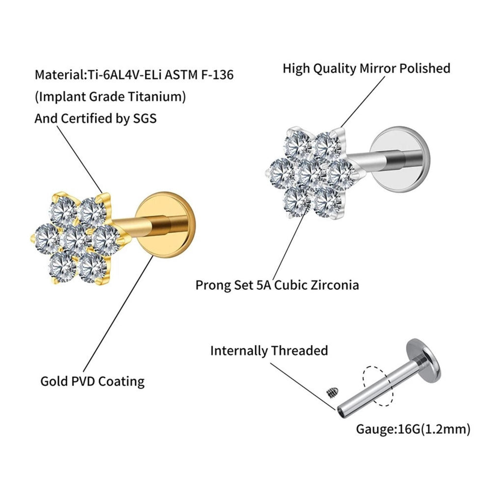 Titanium Tiny Flower Stud, 16G CZ Crystal Labret, Flat Back Earring, Tragus Helix Conch Cartilage Piercing, Hypoallergenic Jewelry