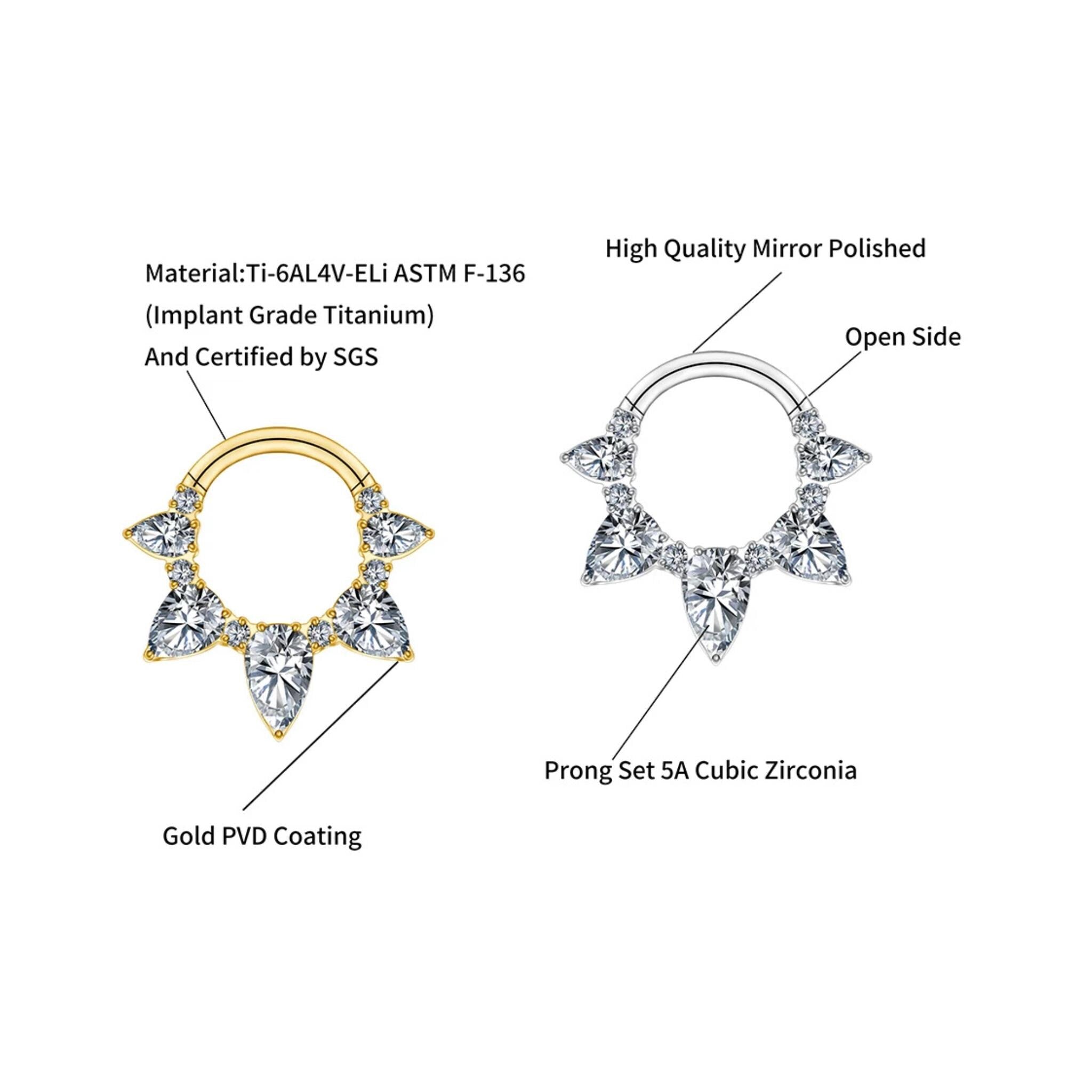 16G Titanium Pear CZ Septum Clicker, Teardrop Daith Hoop 8mm 10mm, Hinged Segment Ring, Hypoallergenic Cartilage Earring