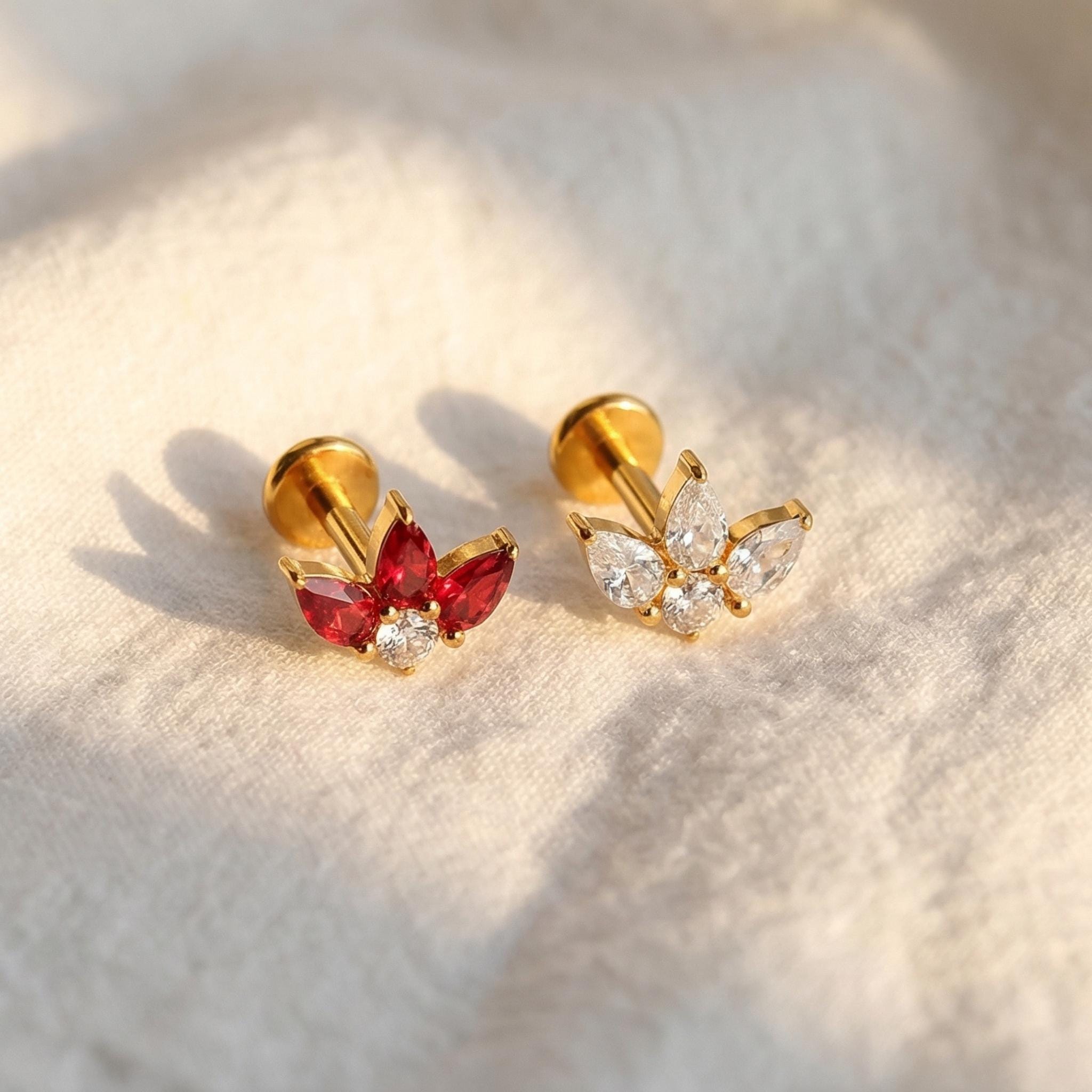 16G Titanium Triple Pear Fan Stud, Teardrop CZ Trinity Lotus Earring, Flat Back Helix Conch Tragus Piercing, Hypoallergenic