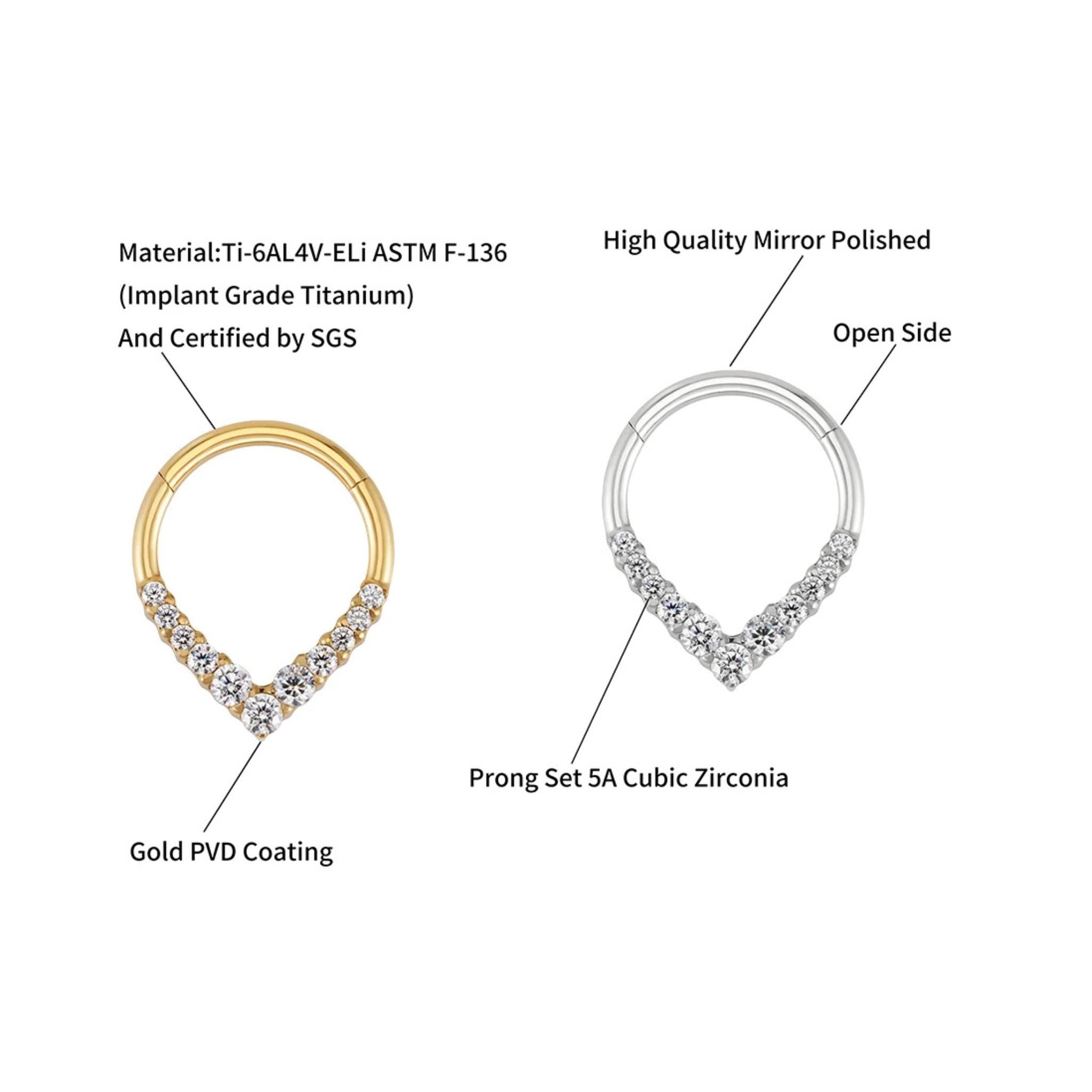 16G Titanium Teardrop Septum Clicker, CZ Daith Hoop Earring, Hinged Segment Ring, Hypoallergenic Waterdrop Nose Piercing