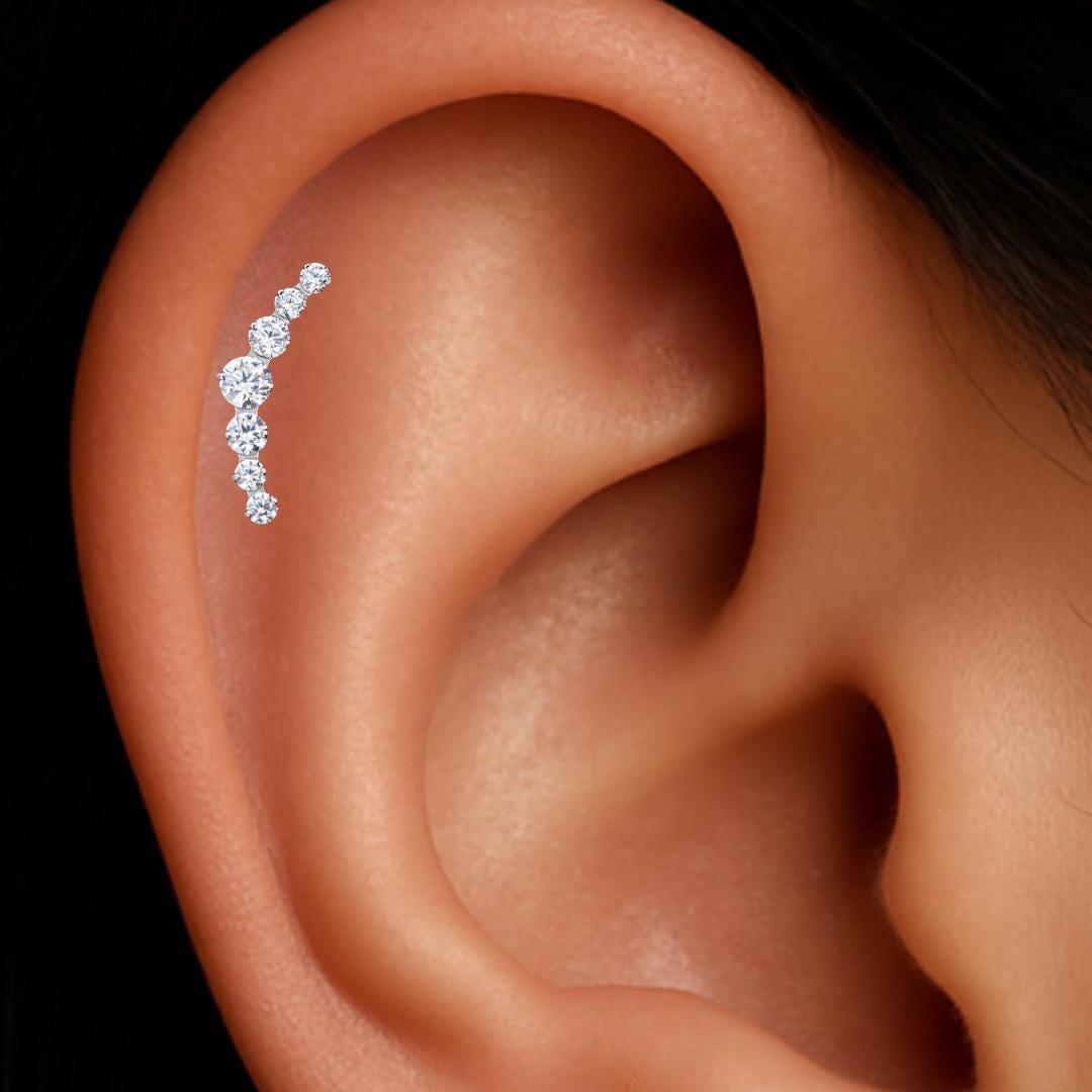 16G Titanium CZ Curved Bar Stud • Internally Threaded Flat Back Earring for Inner Conch, Helix, Cartilage & Labret Piercings