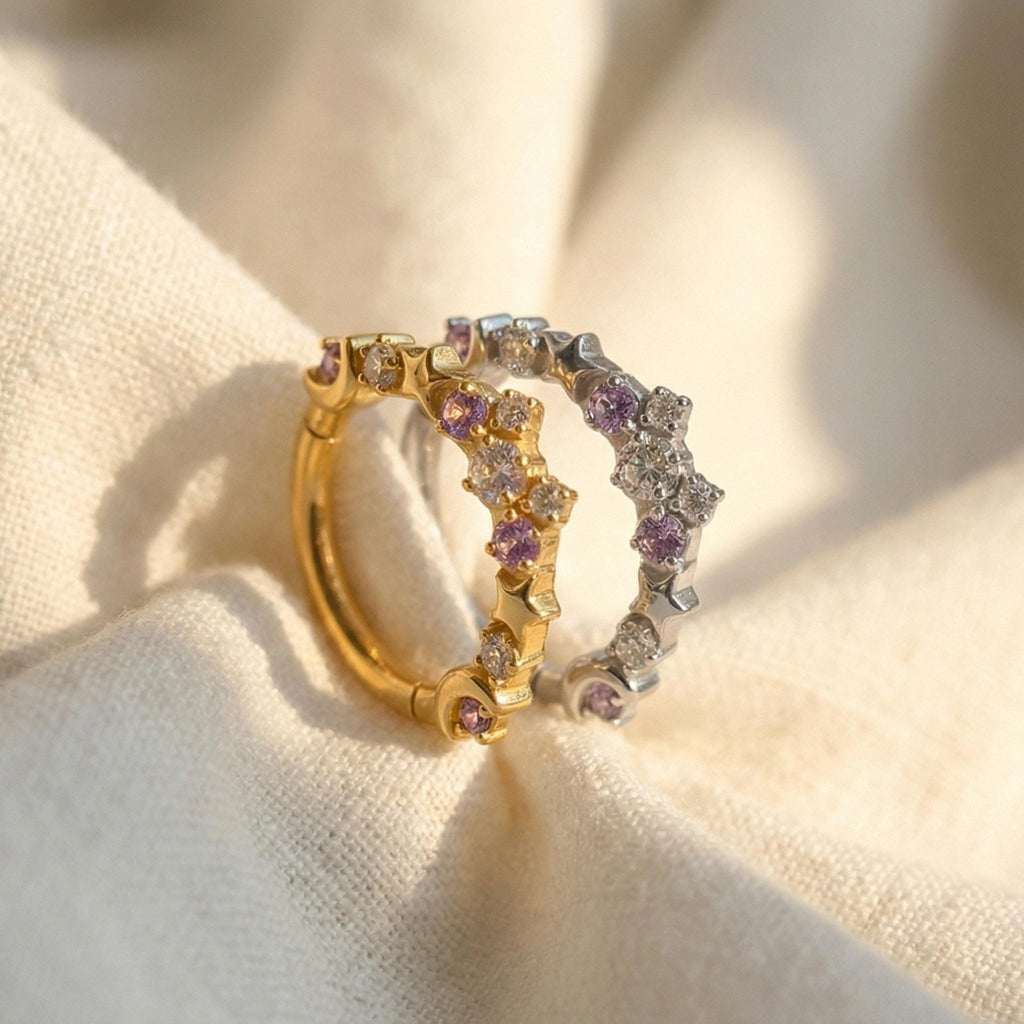 16G Titanium Moon and Star Septum Clicker, Celestial CZ Daith Hoop, Hinged Segment Ring, Hypoallergenic Cartilage Earring