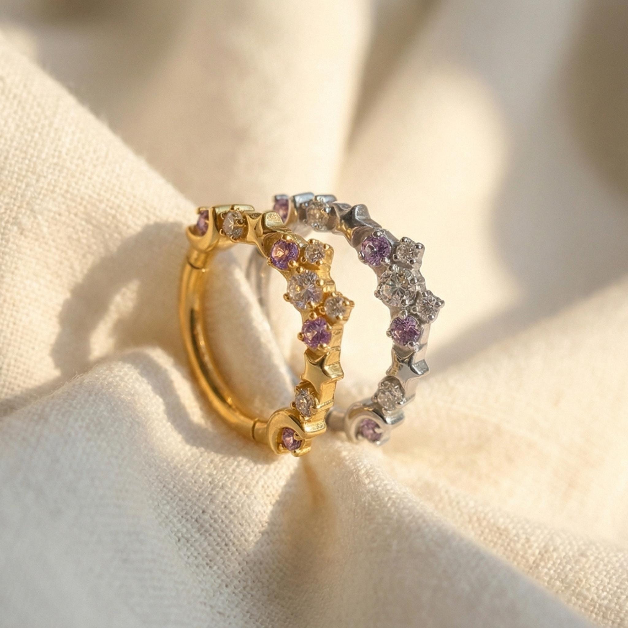 16G Titanium Moon and Star Septum Clicker, Celestial CZ Daith Hoop, Hinged Segment Ring, Hypoallergenic Cartilage Earring