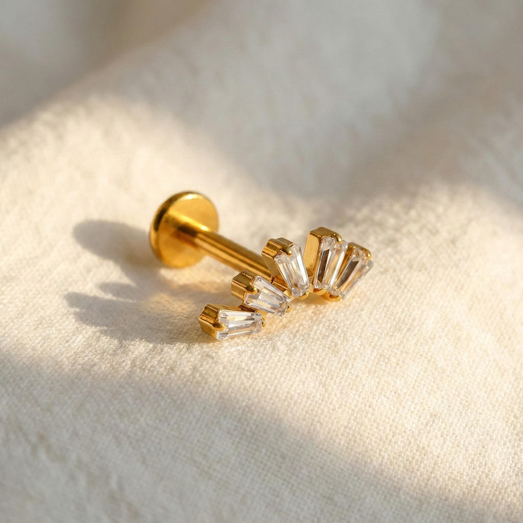 Titanium Baguette CZ Labret, 16G Trapezoid Cluster Stud, Tragus Helix Conch Cartilage Earring, Hypoallergenic Flat Back