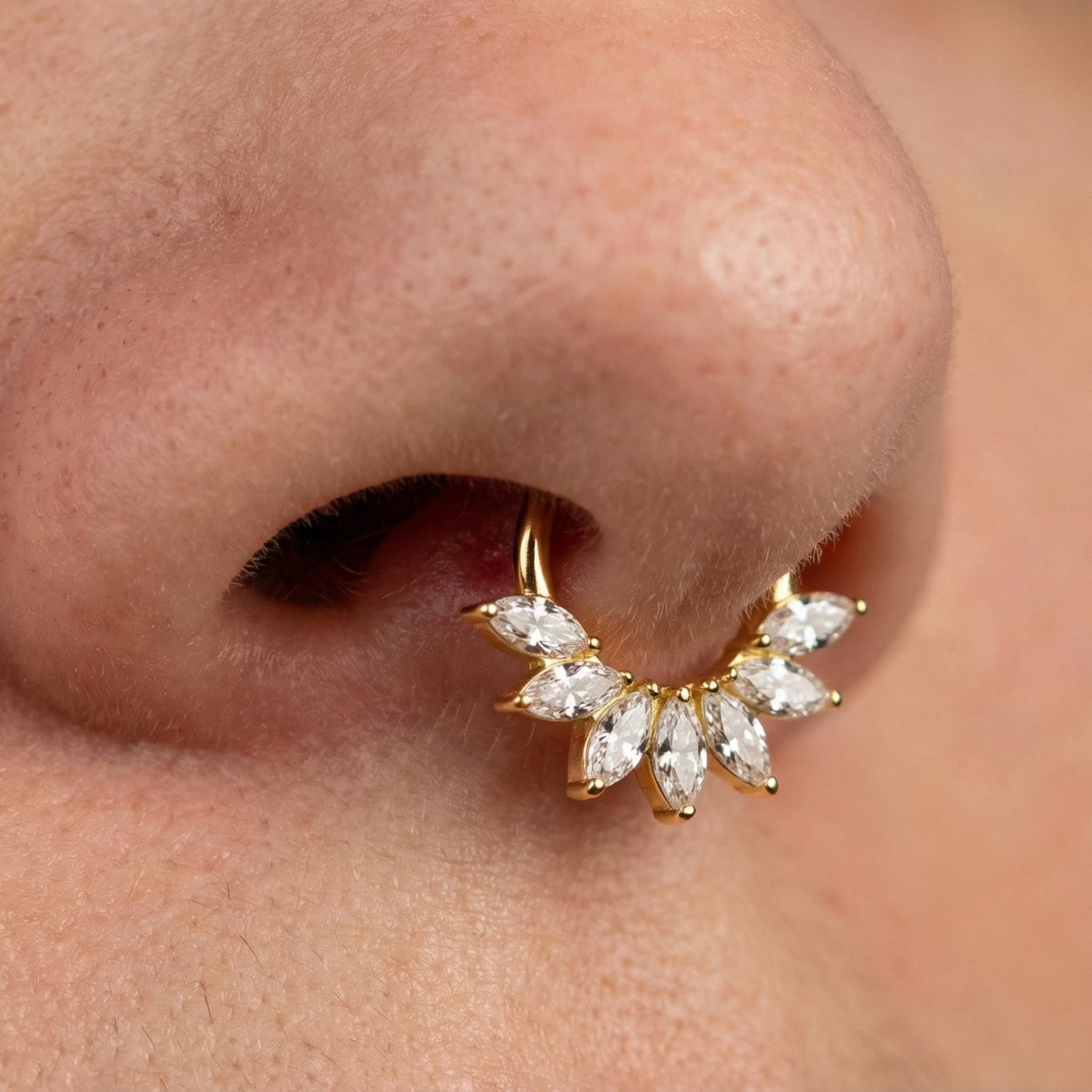16G ASTM F136 Titanium Marquise CZ Septum Clicker, Hinged Daith Hoop, Hypoallergenic Cartilage Earring, Elegant Nose Ring
