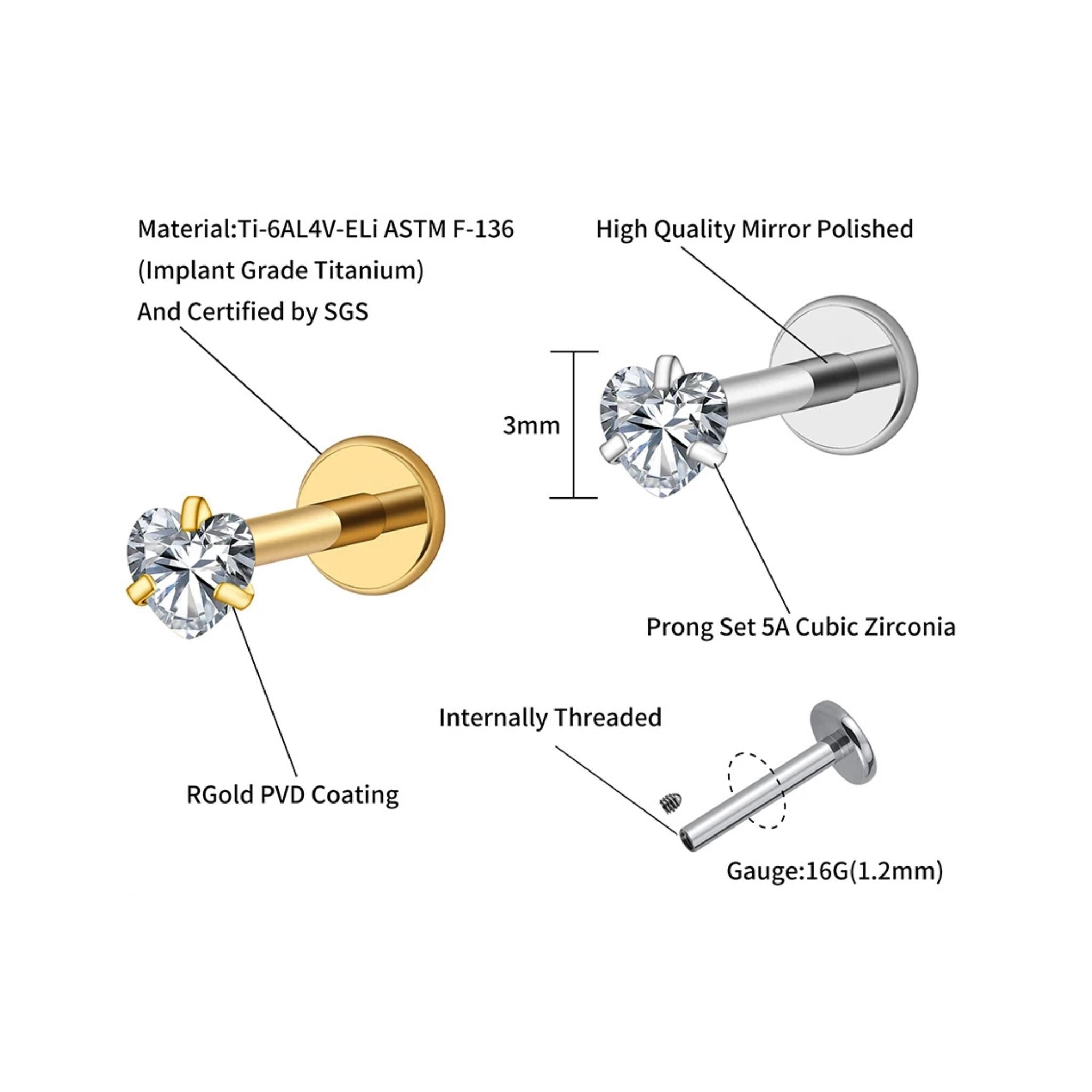 16G Titanium Heart CZ Stud, Internally Threaded Flat Back Labret, Tragus Helix Cartilage Earring, Hypoallergenic Nose Piercing
