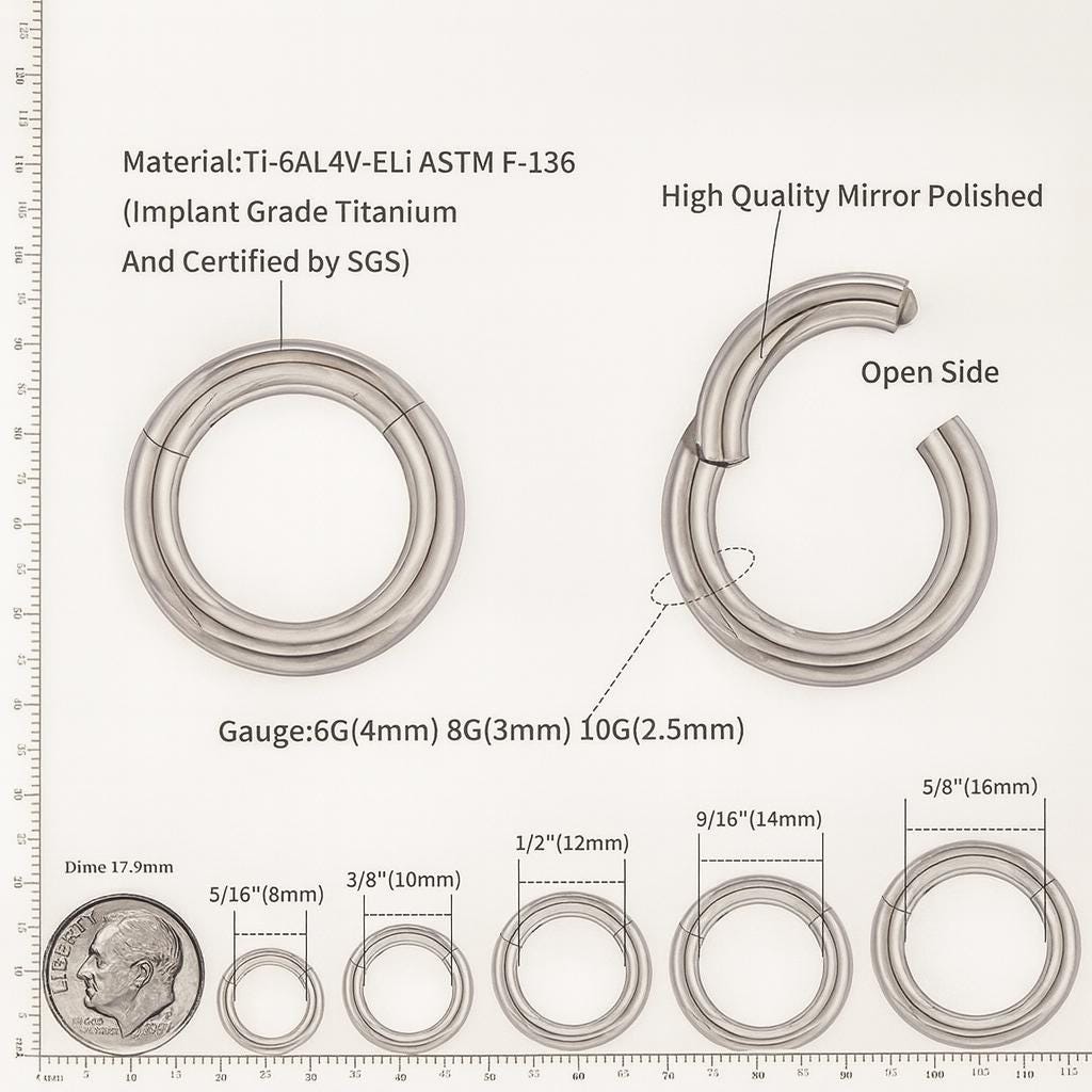 6G, 8G, 10G, ASTM F136 Titanium Hinged Segment Ring Clicker - Choose Your Color - Septum Ring Hoop Ear Weights - 10 or 8 Gauge