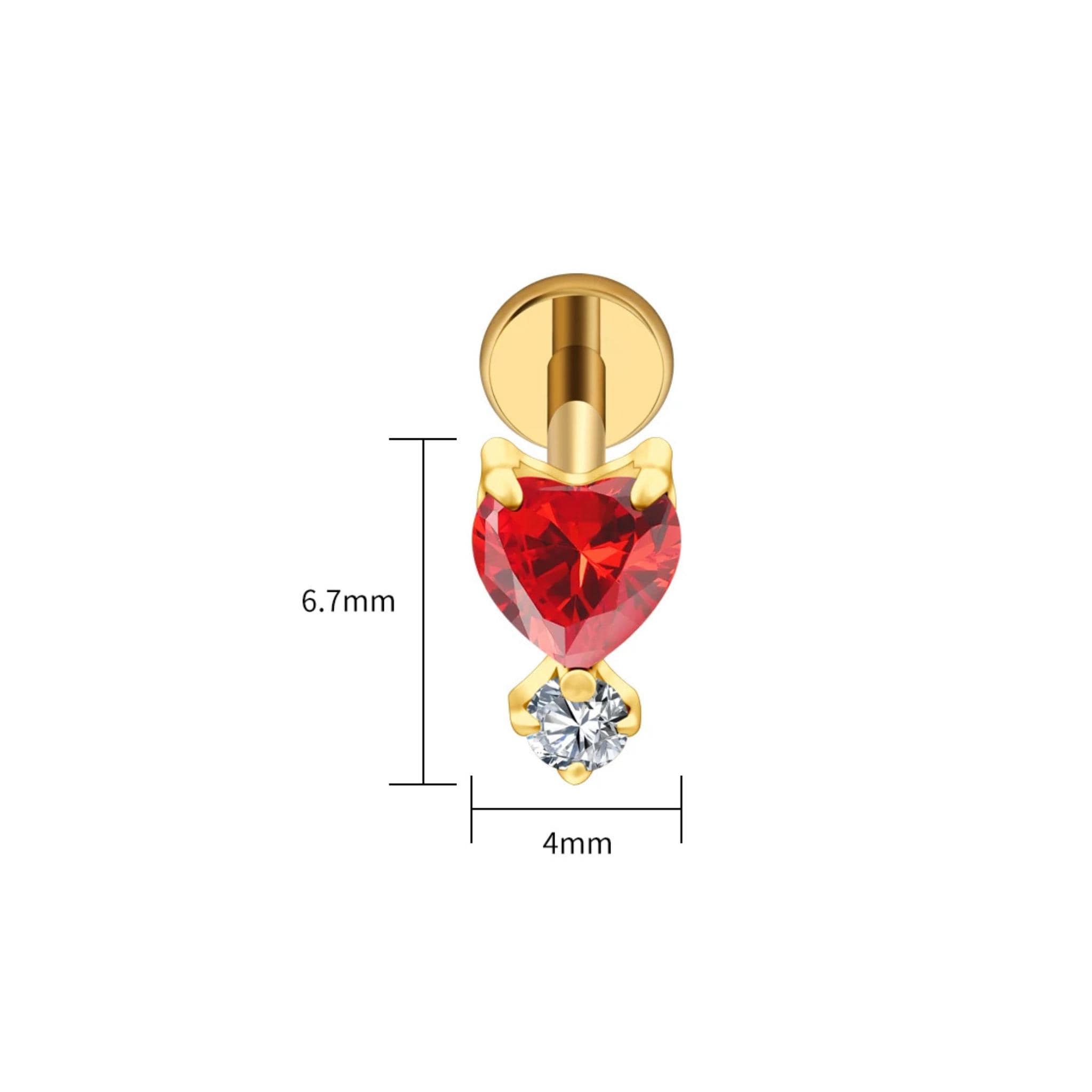 16G Titanium Garnet Heart Stud, Red CZ Flat Back Labret, Tragus Helix Cartilage Earring, Hypoallergenic Valentine Piercing