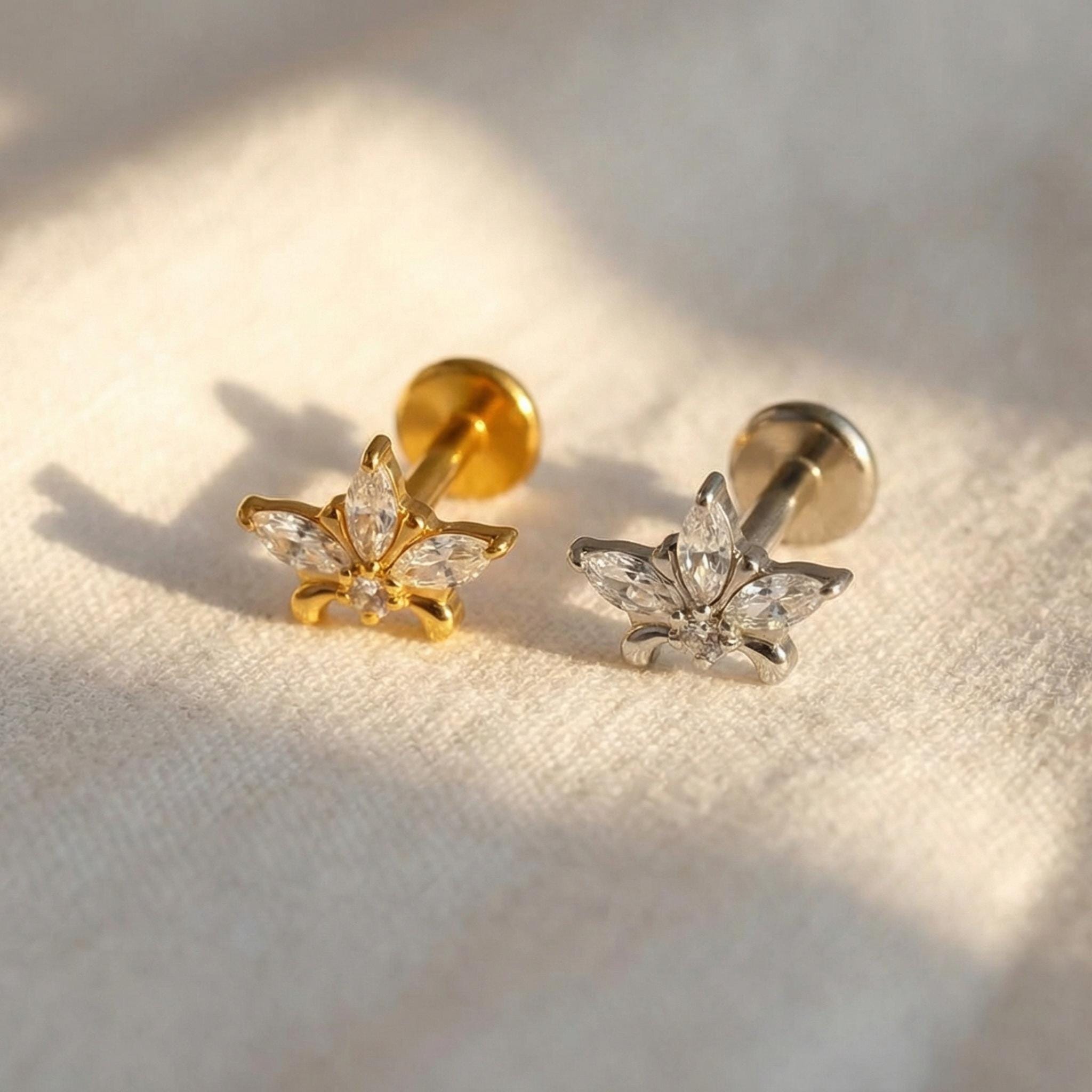 16G Red Garnet Star Stud, Marquise CZ Flat Back Labret, Vintage Cartilage Earring, Conch Helix Tragus Piercing