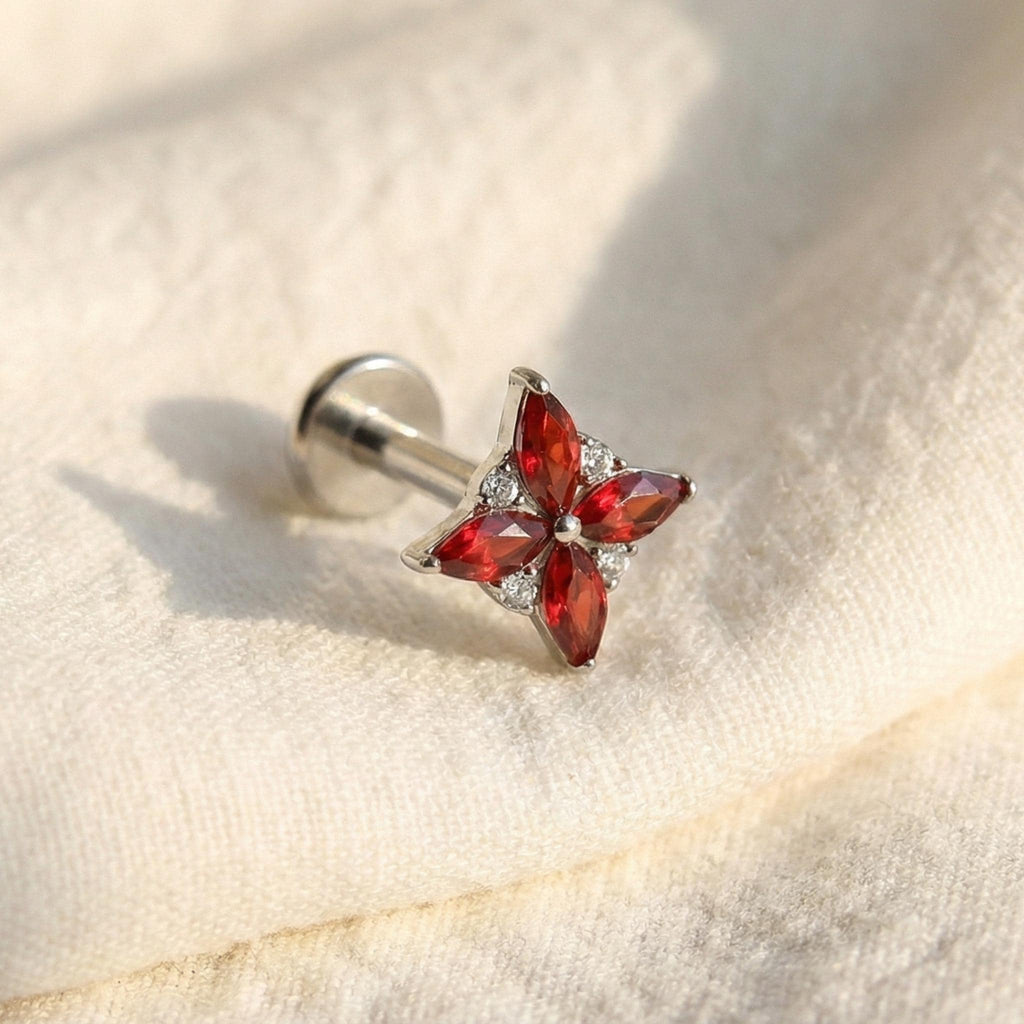 16G Gold Titanium Red CZ Stud, Garnet Marquise Lotus Fan Earring, 4-Petal Star Helix Piercing, Flat Back Cartilage Conch Labret
