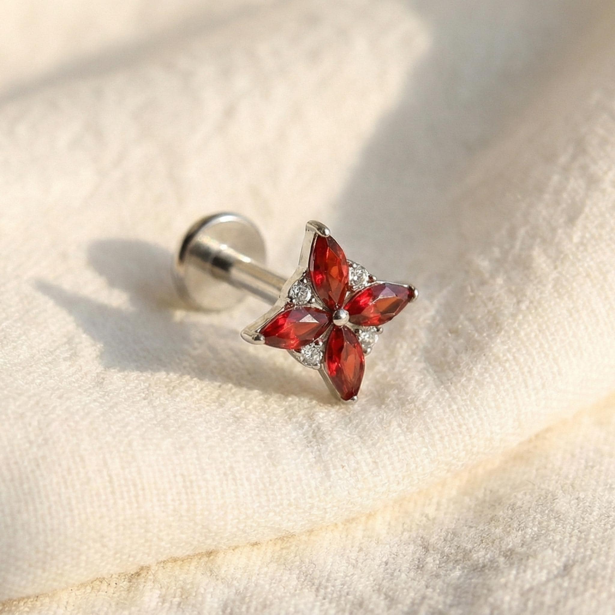 16G Gold Titanium Red CZ Stud, Garnet Marquise Lotus Fan Earring, 4-Petal Star Helix Piercing, Flat Back Cartilage Conch Labret