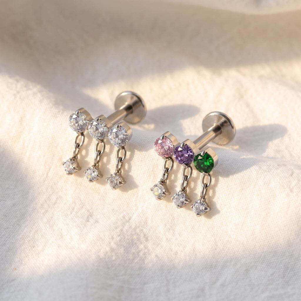 16G Titanium Hidden Helix Stud, Floating Dangle Chain Earring, Triple CZ Cartilage Piercing, Flat Back Earlobe Jewelry, ASTM F136