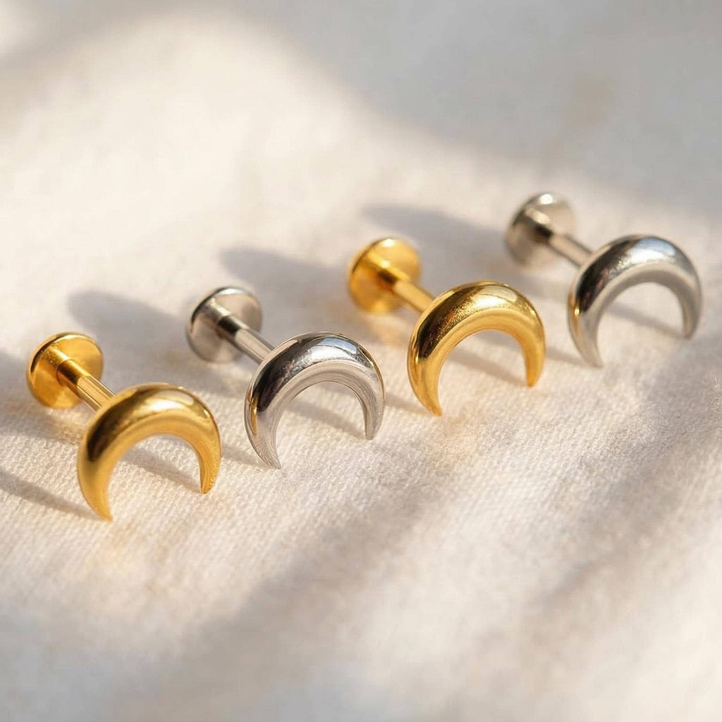 Titanium Crescent Moon Stud, Dainty Celestial Cartilage Earring, Screwback Helix Tragus Piercing, Minimalist Labret Jewelry