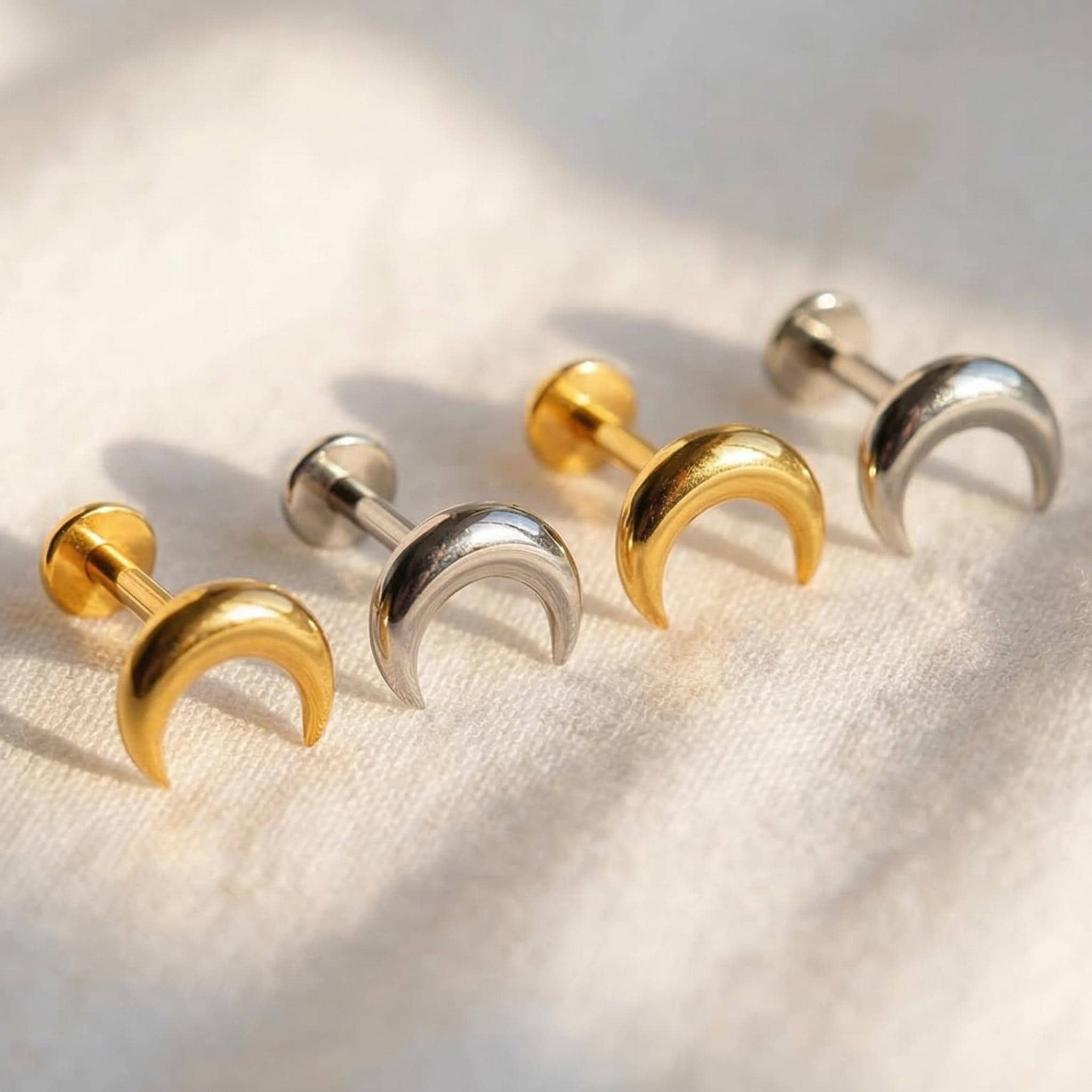 Titanium Crescent Moon Stud, Dainty Celestial Cartilage Earring, Screwback Helix Tragus Piercing, Minimalist Labret Jewelry