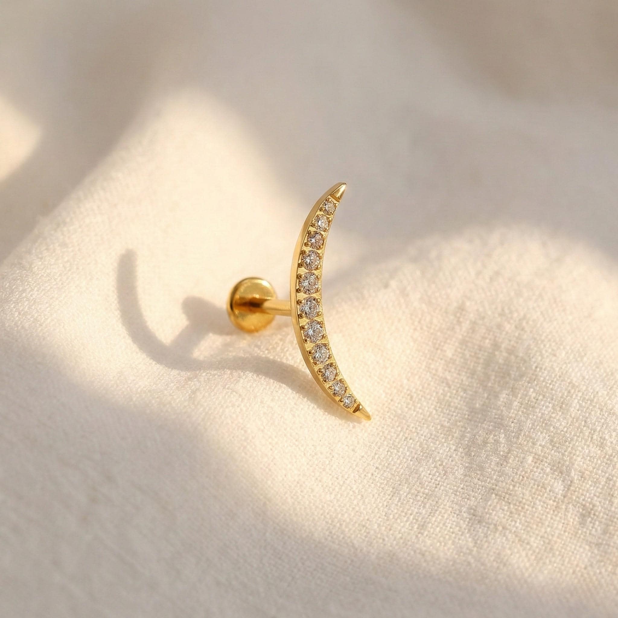 16G Titanium Curved Moon Climber, CZ Crescent Labret Stud, Internal Thread Flat Back, Helix Conch Tragus Earring, Hypoallergenic