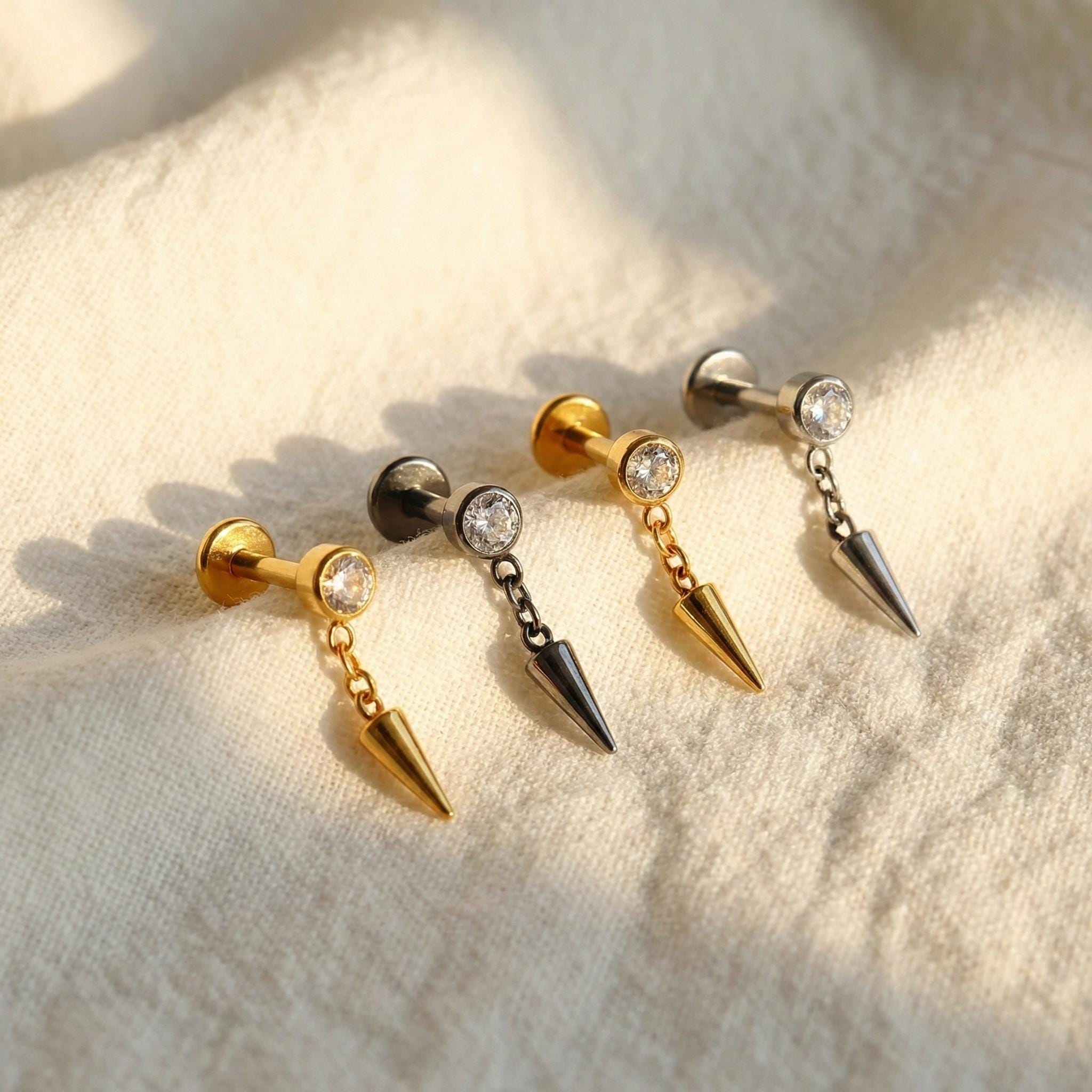 16G Titanium Dangle Stud Earring • Tragus Earring • Helix • Cartilage • Internally threaded • Flat Back Earring • Gift for Her