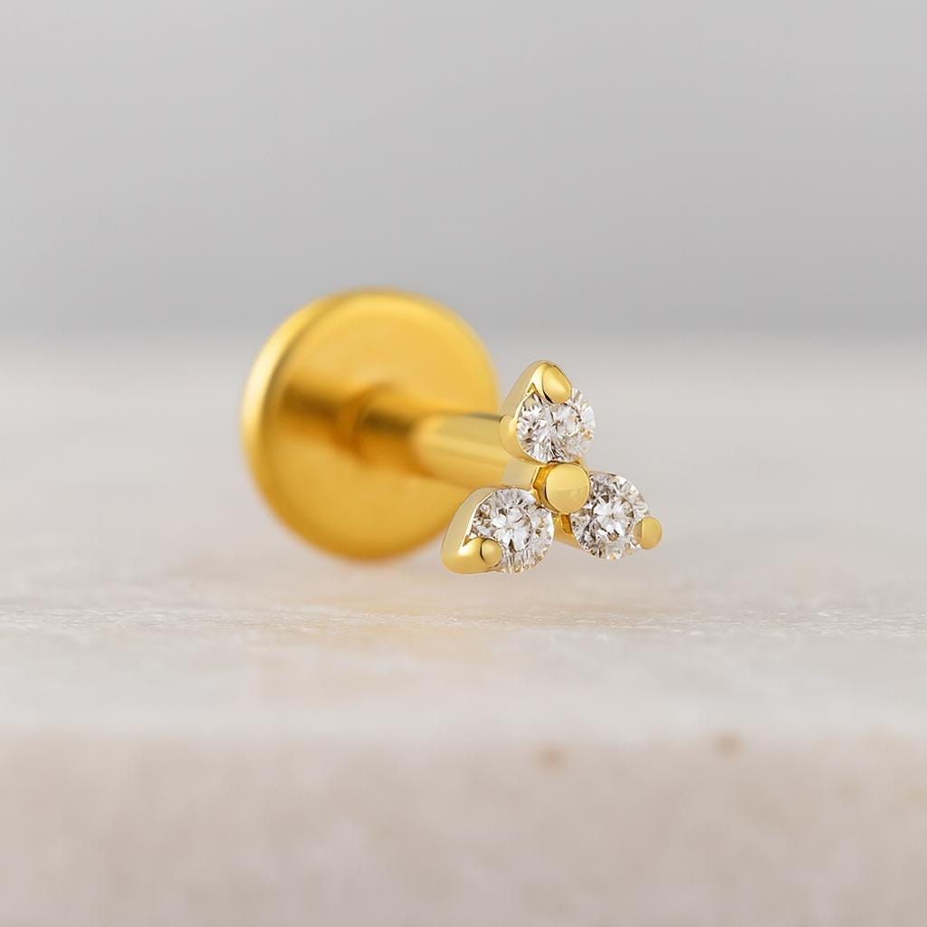 16G Titanium CZ Trinity Stud Earring • Tragus Earring • Helix • Cartilage • Internally threaded • Flat Back Earring • Gift for Her