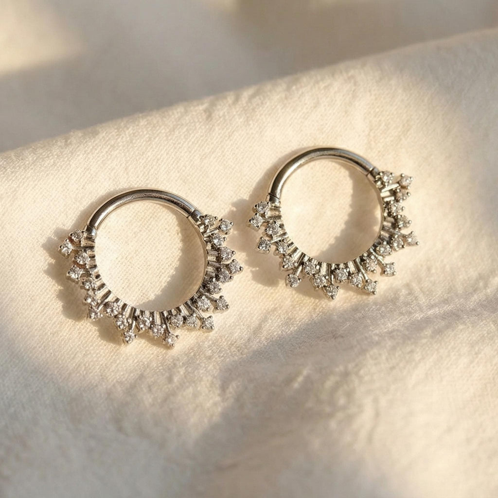 16G Titanium Sunburst Septum Clicker, Radiant CZ Daith Hoop, Hinged Segment Ring, Hypoallergenic Cartilage Piercing