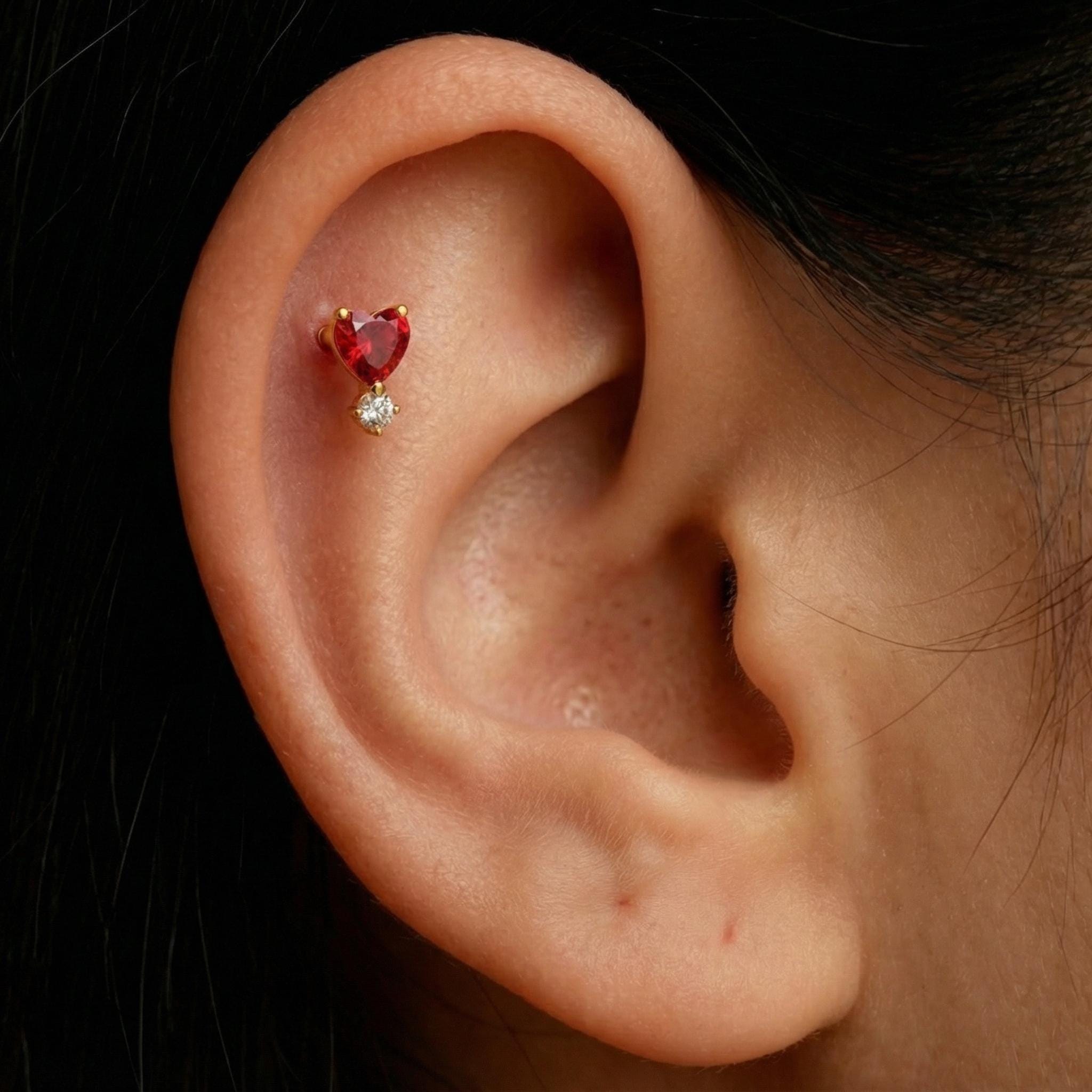 16G Titanium Garnet Heart Stud, Red CZ Flat Back Labret, Tragus Helix Cartilage Earring, Hypoallergenic Valentine Piercing