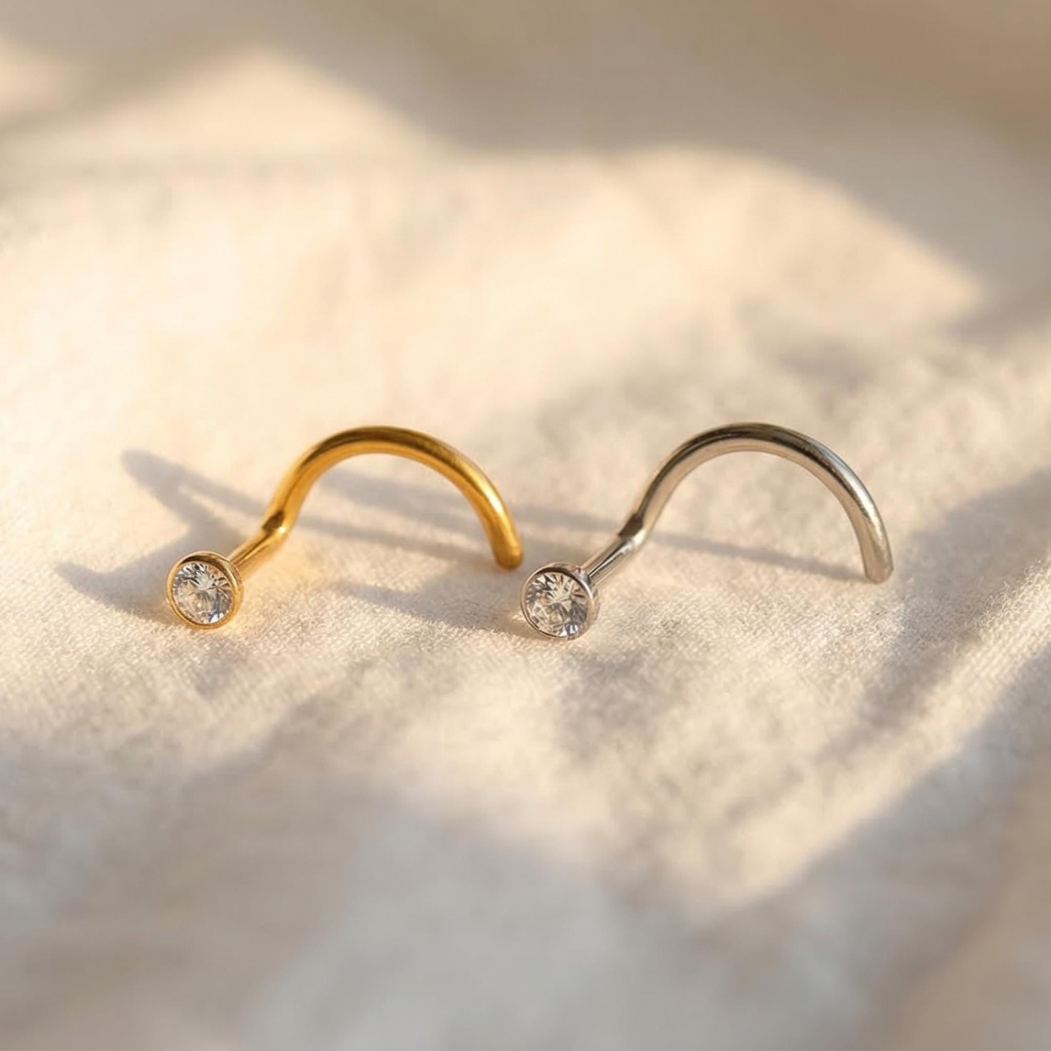 20G Gold Titanium Corkscrew Nose Stud, 2mm Bezel CZ Nostril Ring, Twist Screw Nose Jewelry, Snag-Free Hypoallergenic Piercing