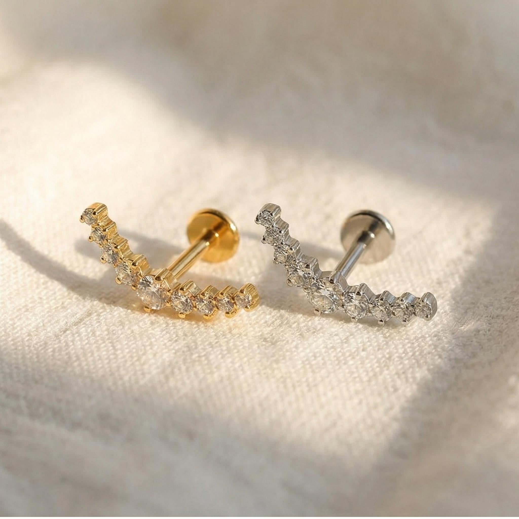 16G Titanium CZ Arc Cluster Stud, Curved Cartilage Labret, Flat Back Conch Helix Earring, Hypoallergenic Piercing Jewelry