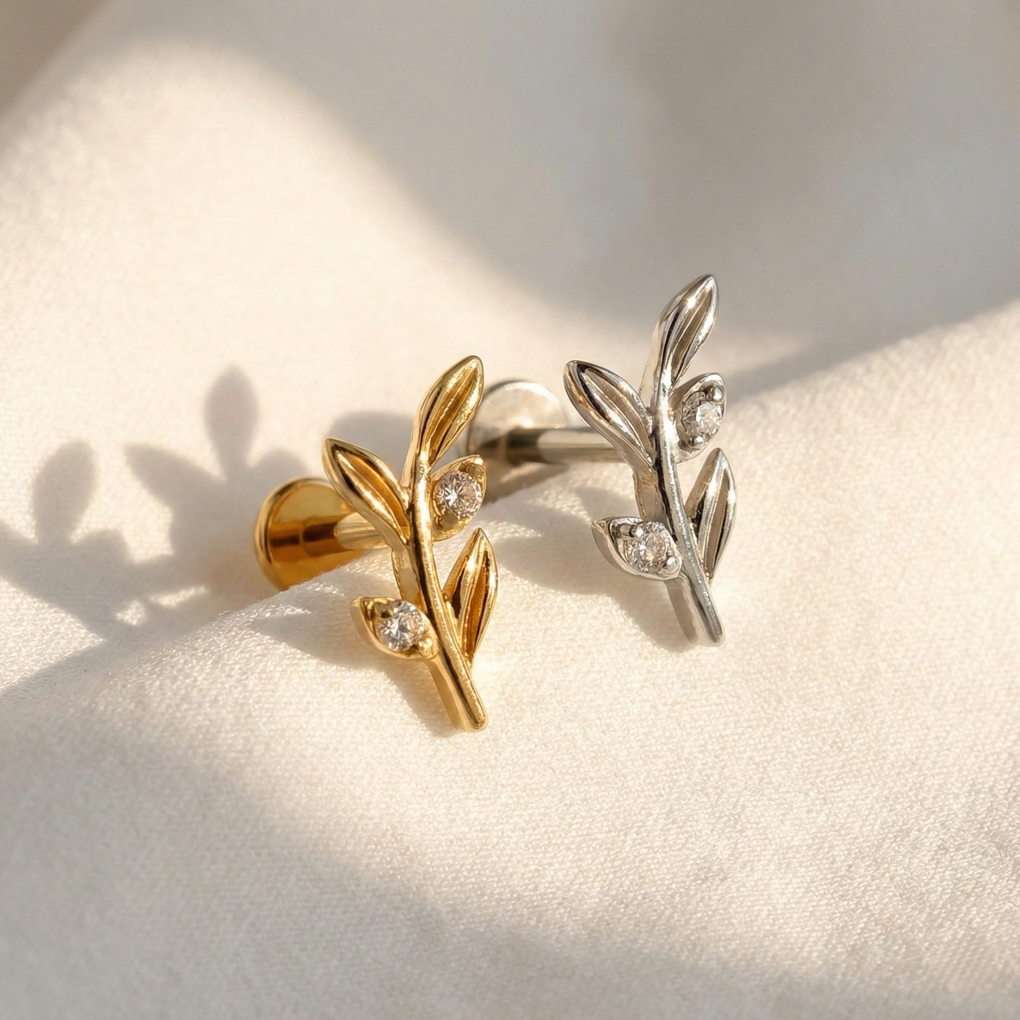 16G Titanium Olive Leaf Branch Stud • Flat Back Earring for Cartilage, Helix, Tragus, Conch & Labret Piercings / Dainty Jewelry Gift