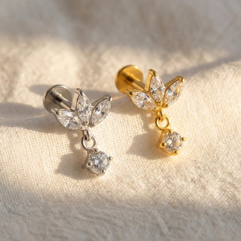 Titanium Internally Threaded Labret, Triple Marquise Fan Stud, 16G Flat Back, Helix Conch Tragus Earring, Hypoallergenic