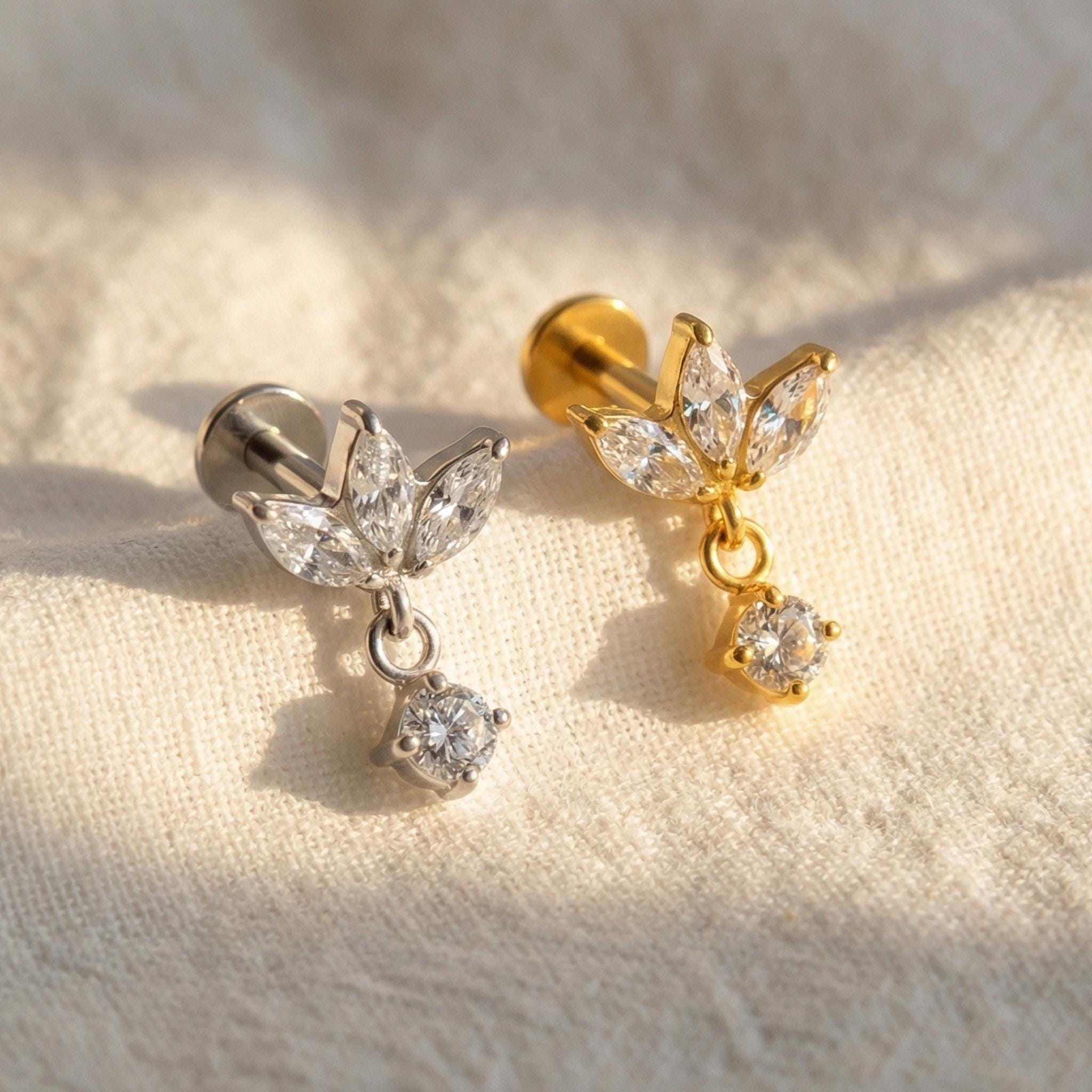 Titanium Internally Threaded Labret, Triple Marquise Fan Stud, 16G Flat Back, Helix Conch Tragus Earring, Hypoallergenic