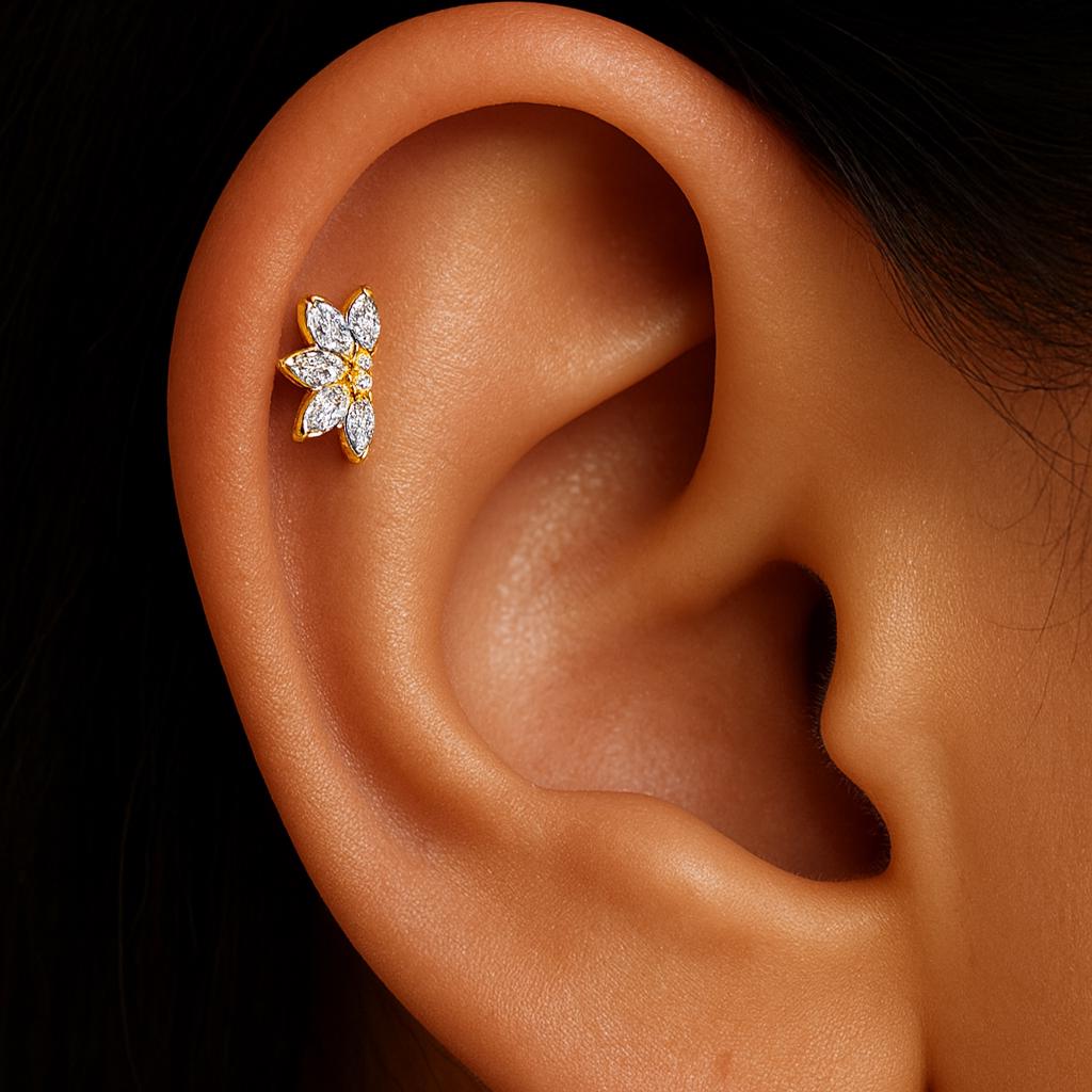 16G Titanium Lotus Flower Stud, Marquise CZ Fan Flat Back, Hypoallergenic Helix Tragus Conch Piercing, Floral Cartilage Jewelry