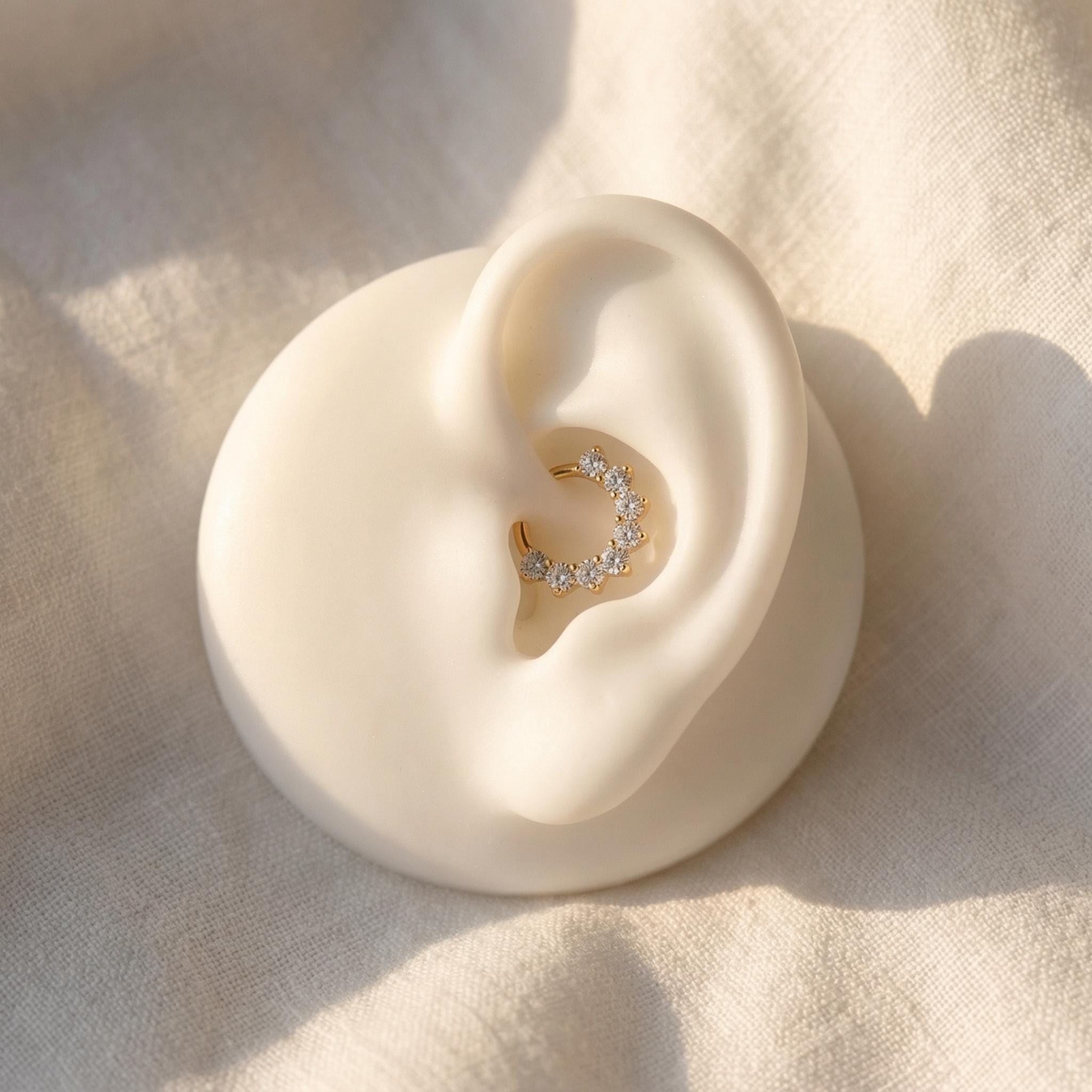 16G Titanium CZ Paved Septum Clicker, Hinged Daith Hoop, Sparkly Nose Ring, Hypoallergenic Cartilage Piercing