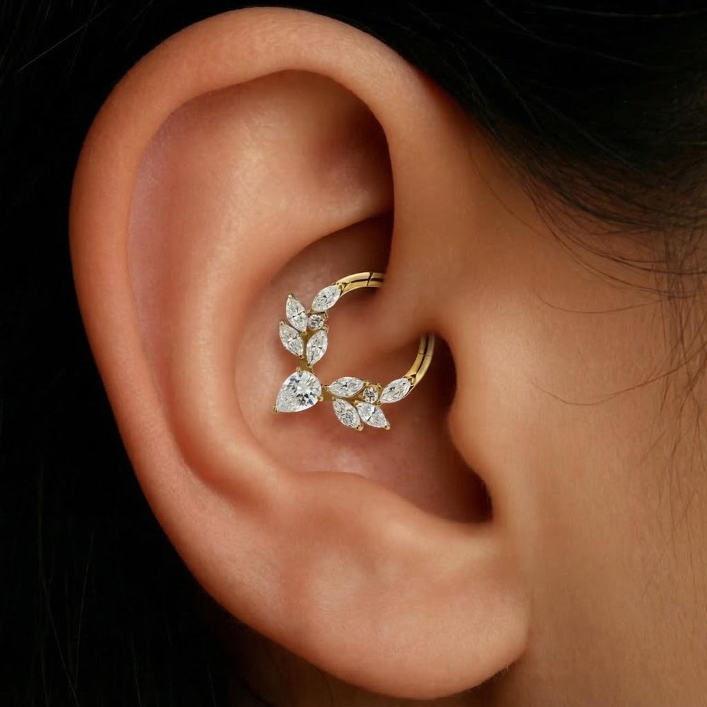 16G Titanium Vine Septum Ring, Marquise Pear CZ Daith Hoop, Botanical Helix Cartilage Earring, Floral Clicker Piercing