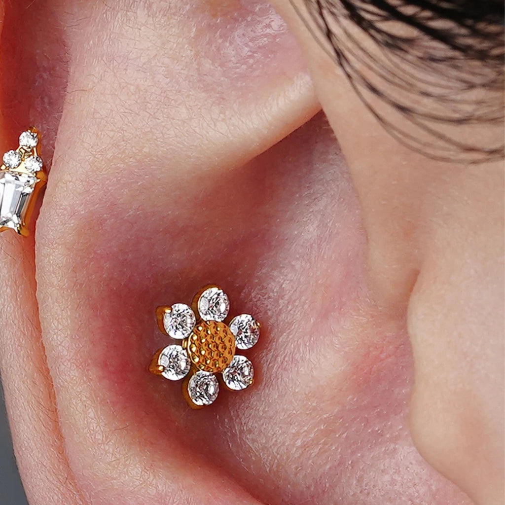 16G Titanium Mini Sunflower Stud, Dainty CZ Floral Cartilage Earring, Flat Back Helix Conch Piercing, Hypoallergenic Labret