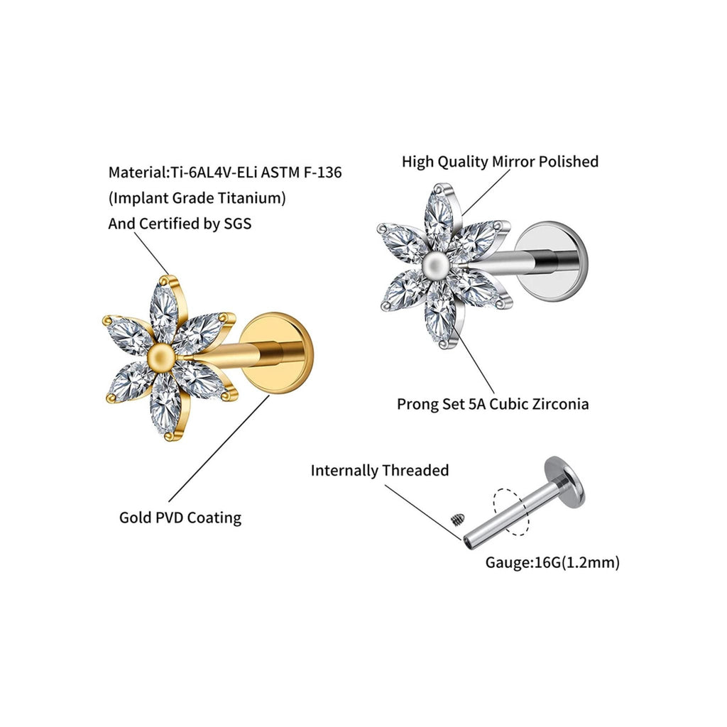 16G Titanium Marquise Flower Labret, CZ Floral Cartilage Stud, Flat Back Tragus Helix Conch Piercing, Hypoallergenic Jewelry