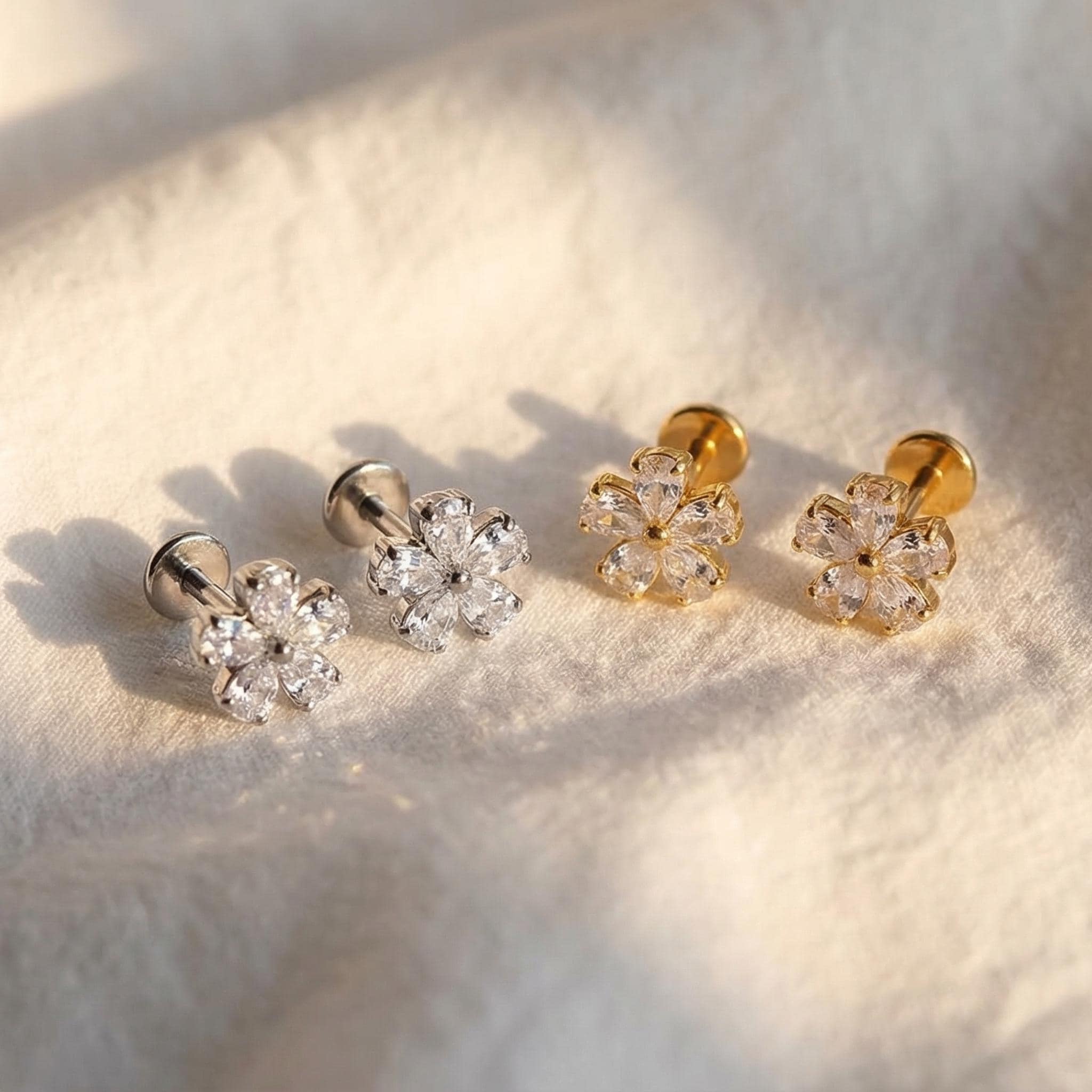 16G Titanium Flower Labret Stud, CZ Cartilage Helix Earring, Flat Back Medusa Monroe Piercing, Hypoallergenic Tragus Conch Jewelry