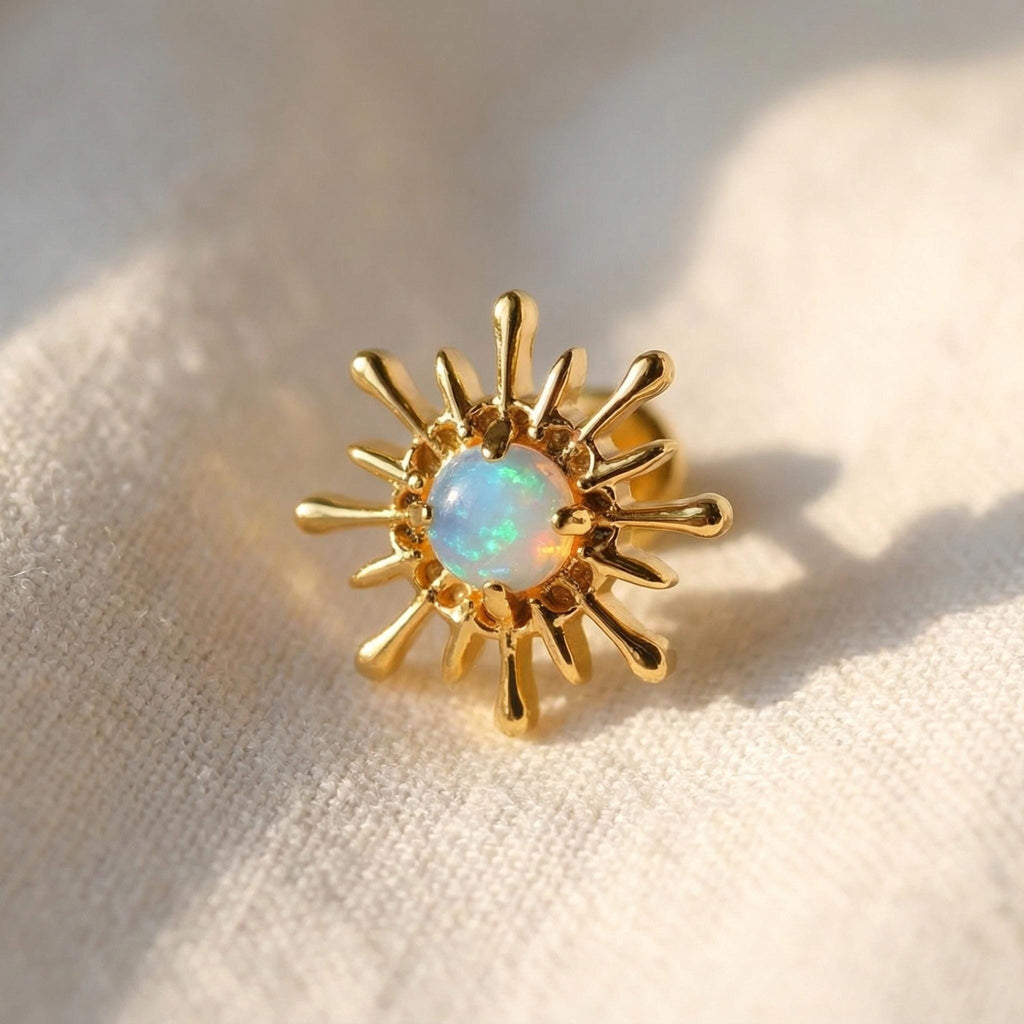 16G Titanium Blue Opal Sun Labret Earring – Flat Back Cartilage Helix Tragus Nose Piercing Jewelry Sunshine Stud