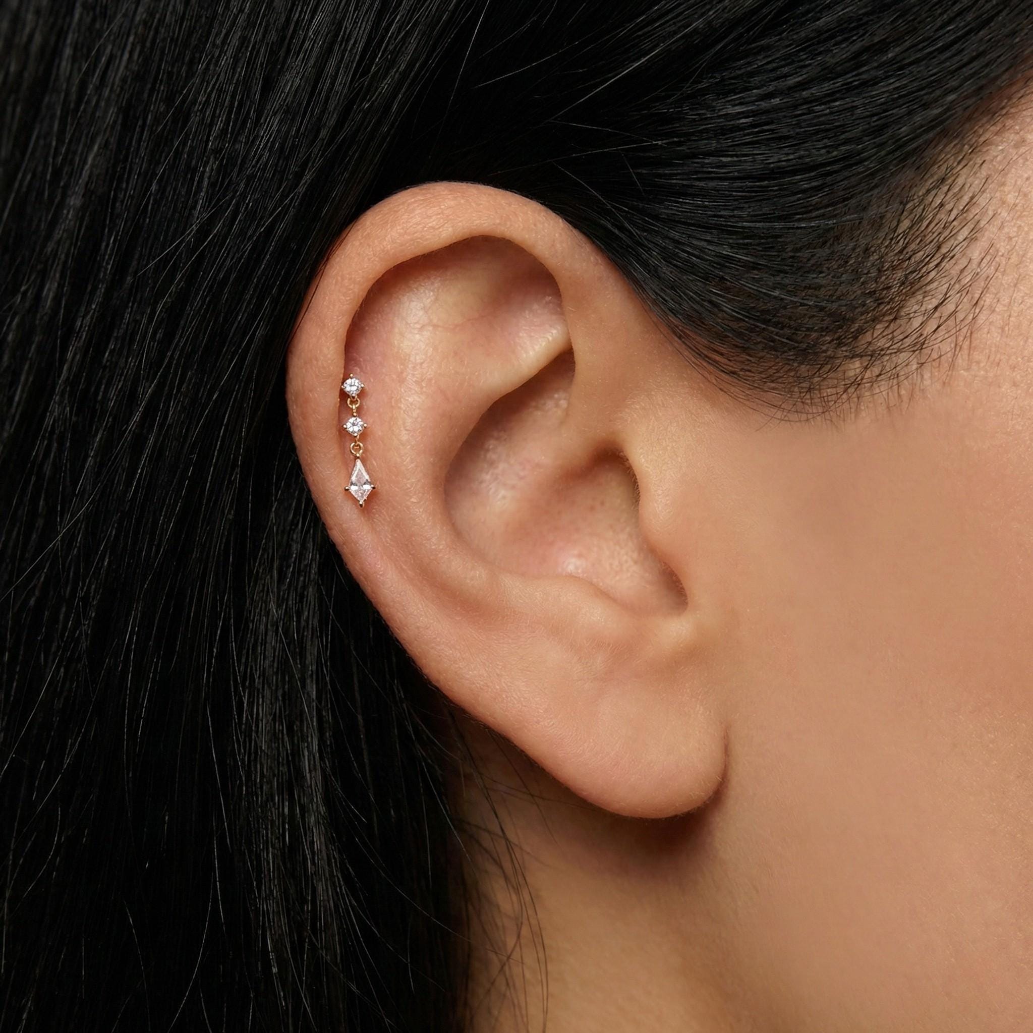 16G Titanium Dangle Helix Stud, Kite CZ Chain Drop Earring, Hypoallergenic Flat Back Cartilage Piercing, Conch Tragus Labret Jewelry