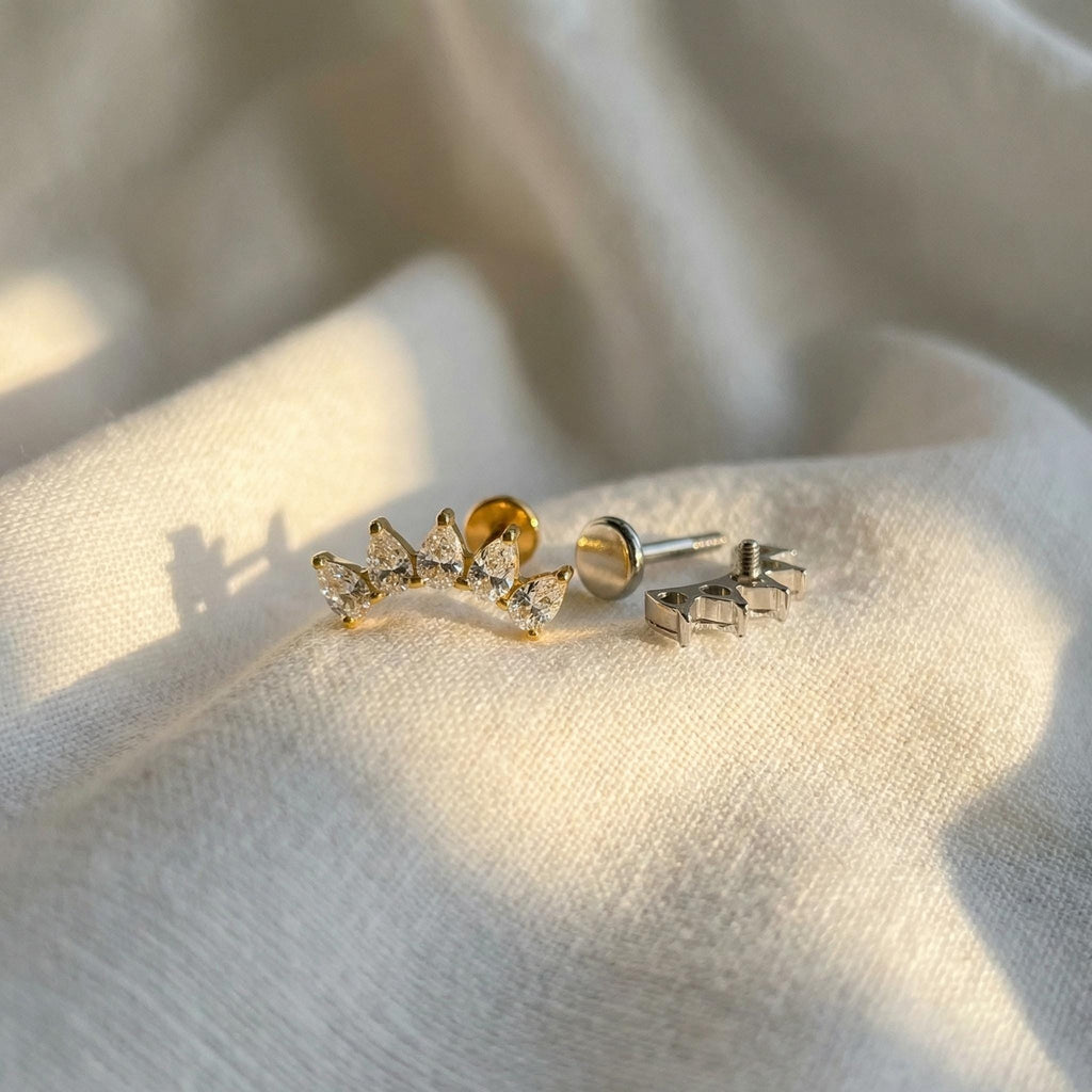 16G Titanium Pear Fan Stud, CZ Crown Flat Back Earring, Crystal Cluster Helix Tragus Conch Piercing, Bridal Cartilage Jewelry