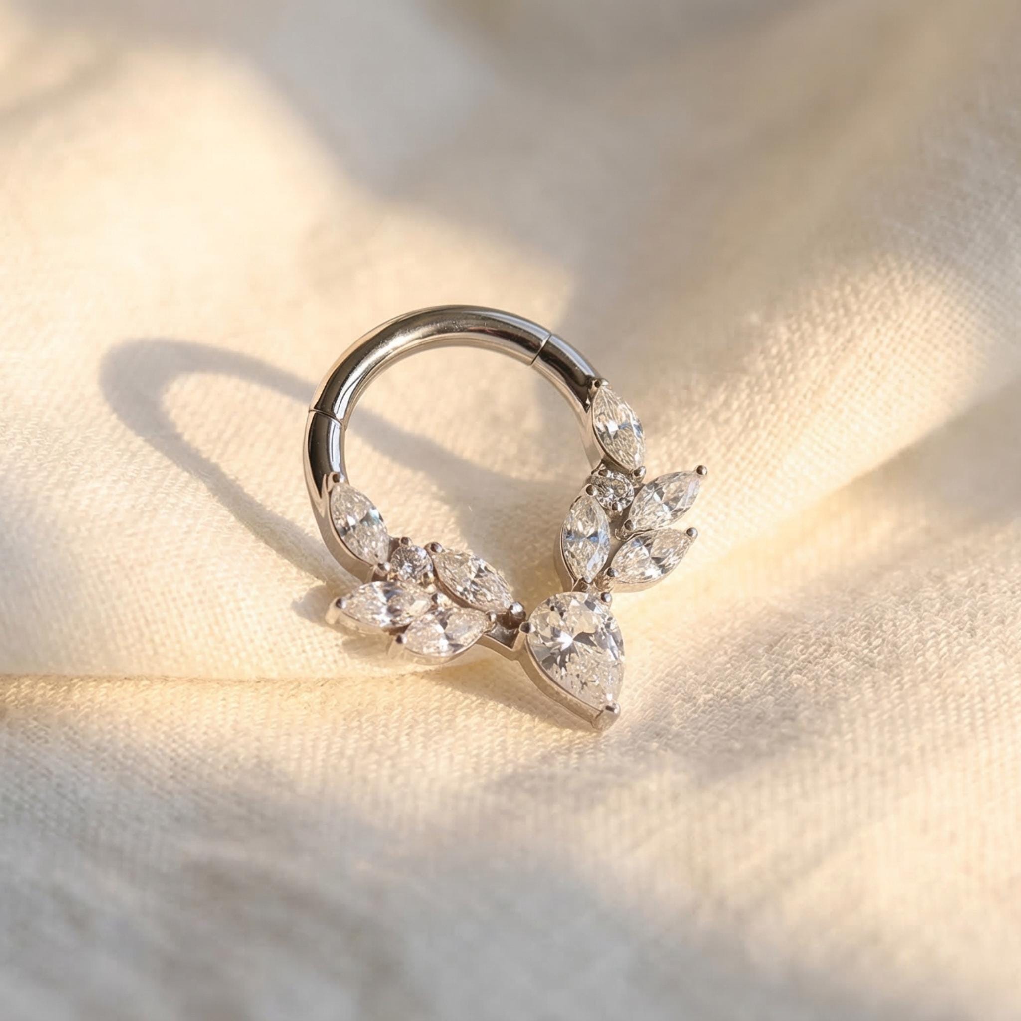 16G Titanium Vine Septum Ring, Marquise Pear CZ Daith Hoop, Botanical Helix Cartilage Earring, Floral Clicker Piercing