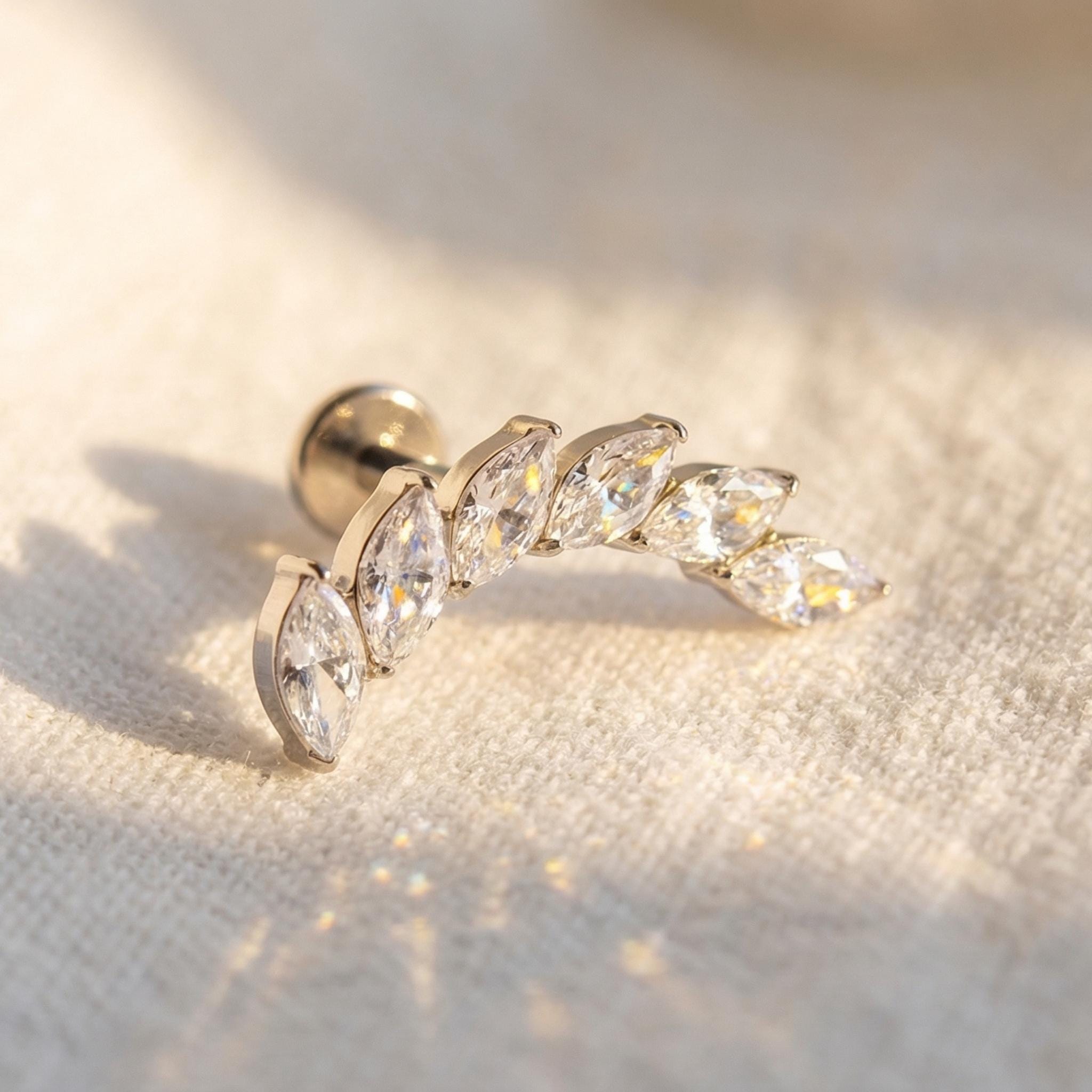 16G Titanium Marquise Ear Climber, Curved CZ Helix Crawler, Flat Back Labret, Hypoallergenic Tragus Stud