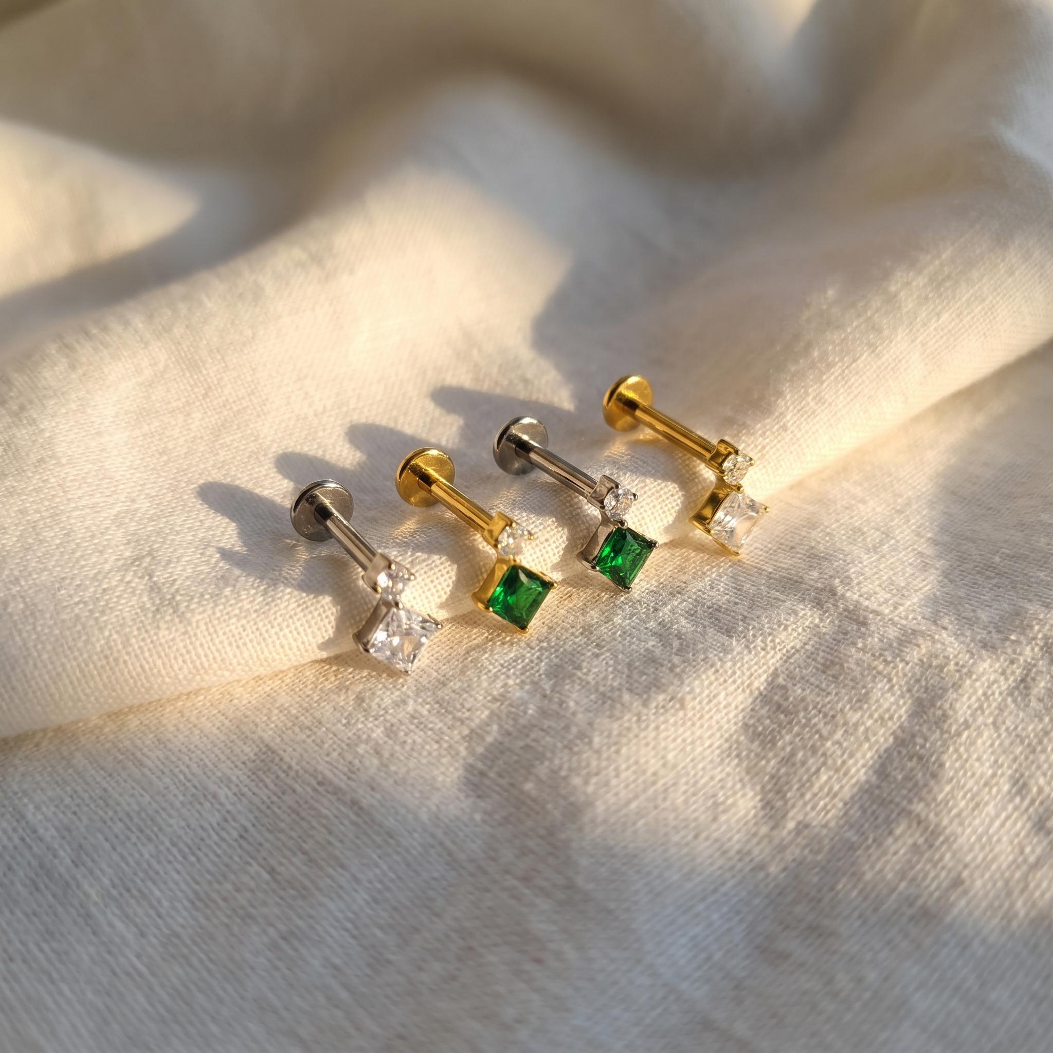 16G Geometric CZ Labret, Square Round Flat Back Stud, Titanium Cartilage Earring, Conch Tragus Helix Piercing, Minimalist Implant Grade