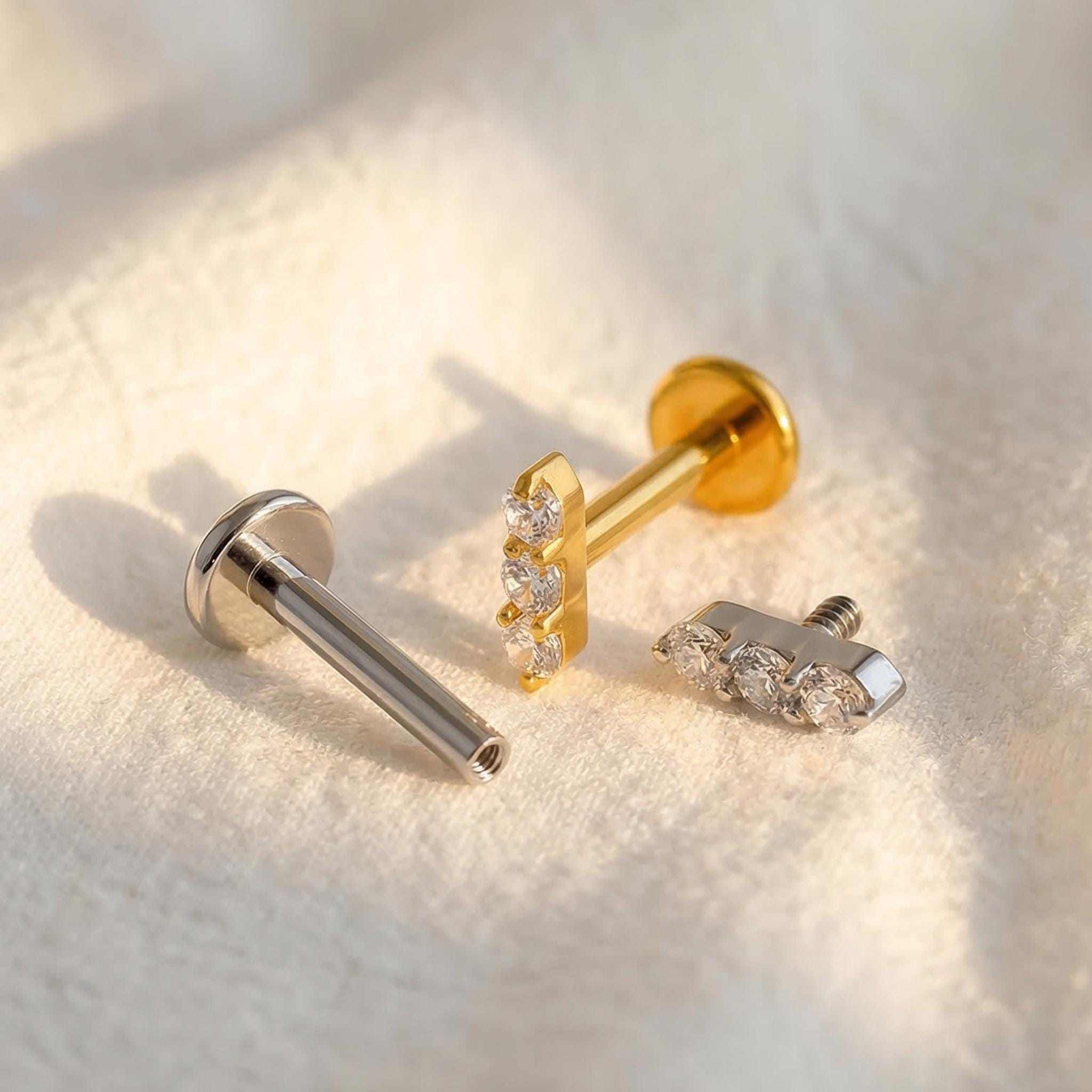 16G Titanium Triple CZ Bar Stud, Tiny Flat Back Labret, Minimalist Cartilage Helix Earring, Tragus Lip Piercing