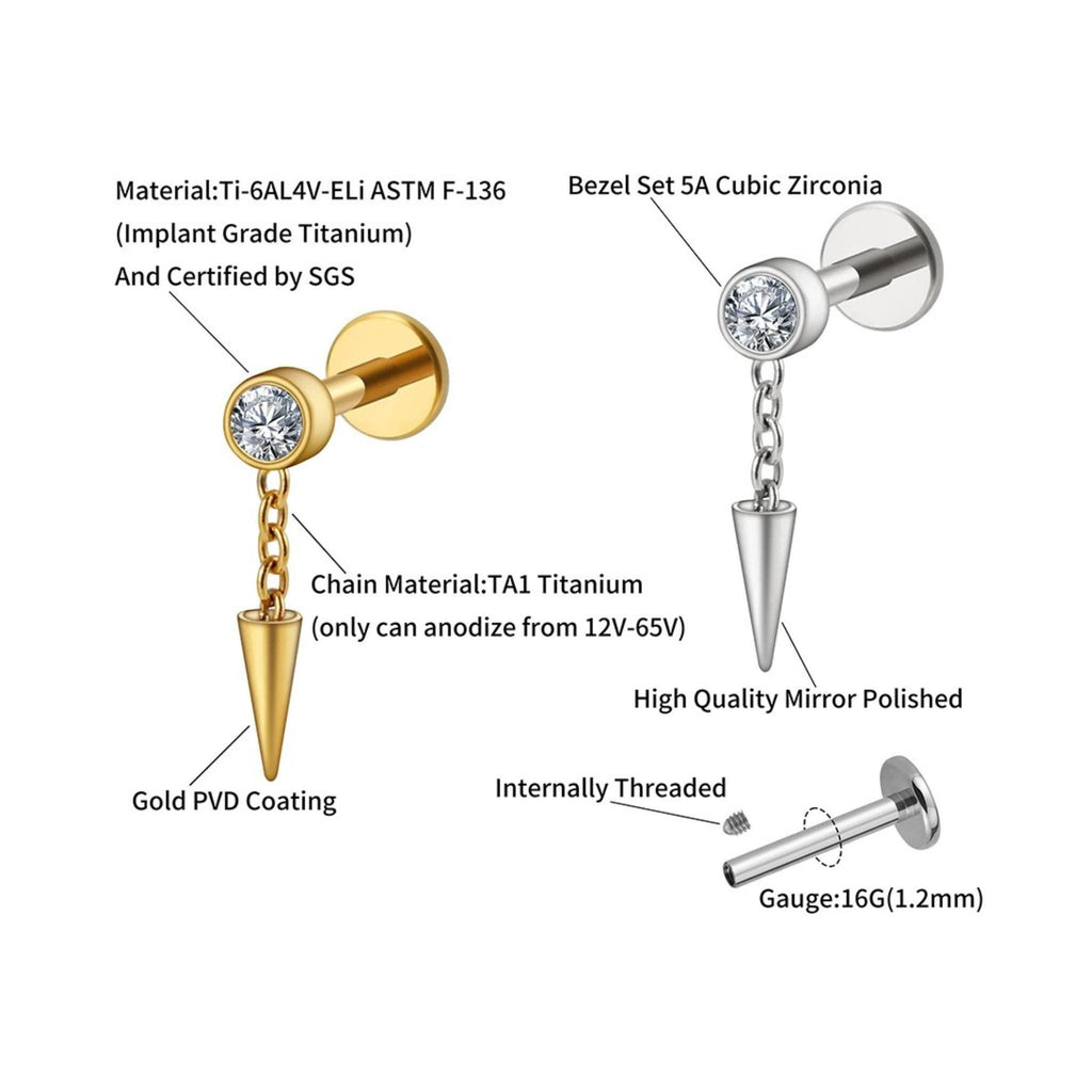 16G Titanium Dangle Stud Earring • Tragus Earring • Helix • Cartilage • Internally threaded • Flat Back Earring • Gift for Her