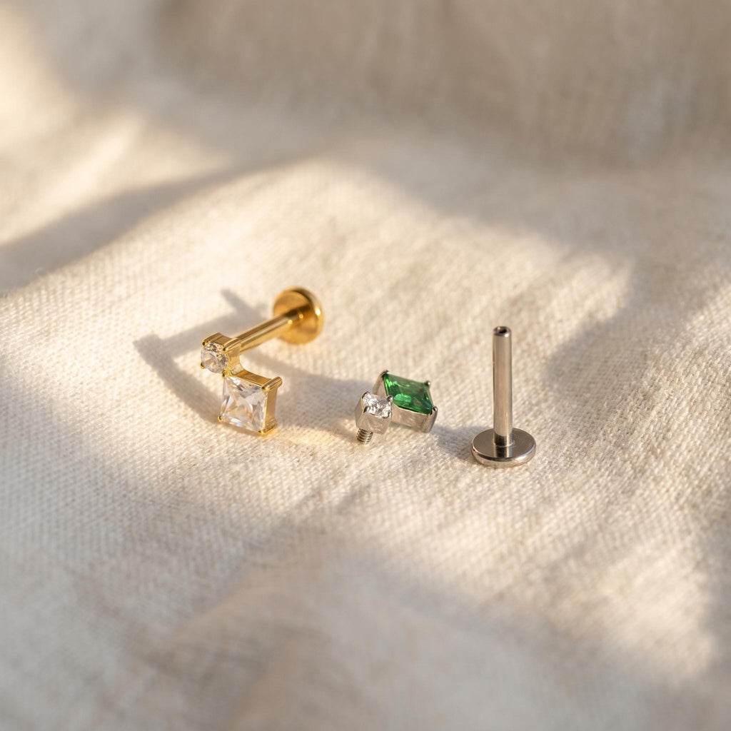 16G Geometric CZ Labret, Square Round Flat Back Stud, Titanium Cartilage Earring, Conch Tragus Helix Piercing, Minimalist Implant Grade