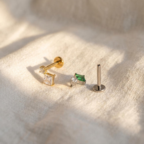 16G Geometric CZ Labret, Square Round Flat Back Stud, Titanium Cartilage Earring, Conch Tragus Helix Piercing, Minimalist Implant Grade