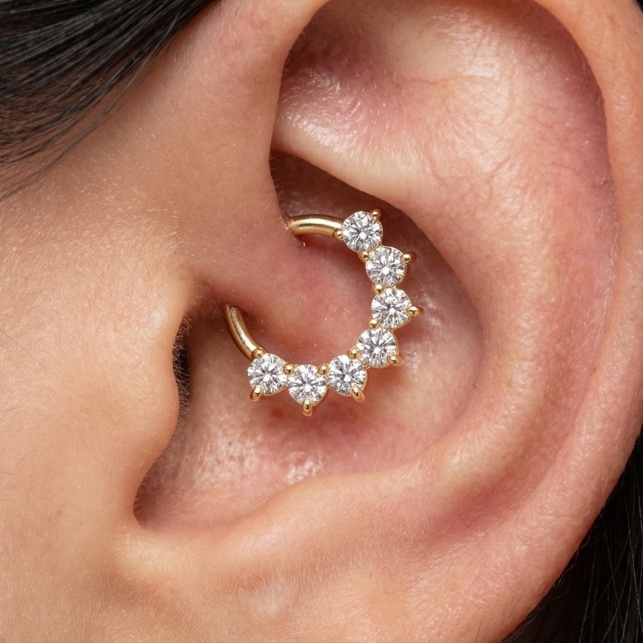 16G Titanium CZ Paved Septum Clicker, Hinged Daith Hoop, Sparkly Nose Ring, Hypoallergenic Cartilage Piercing