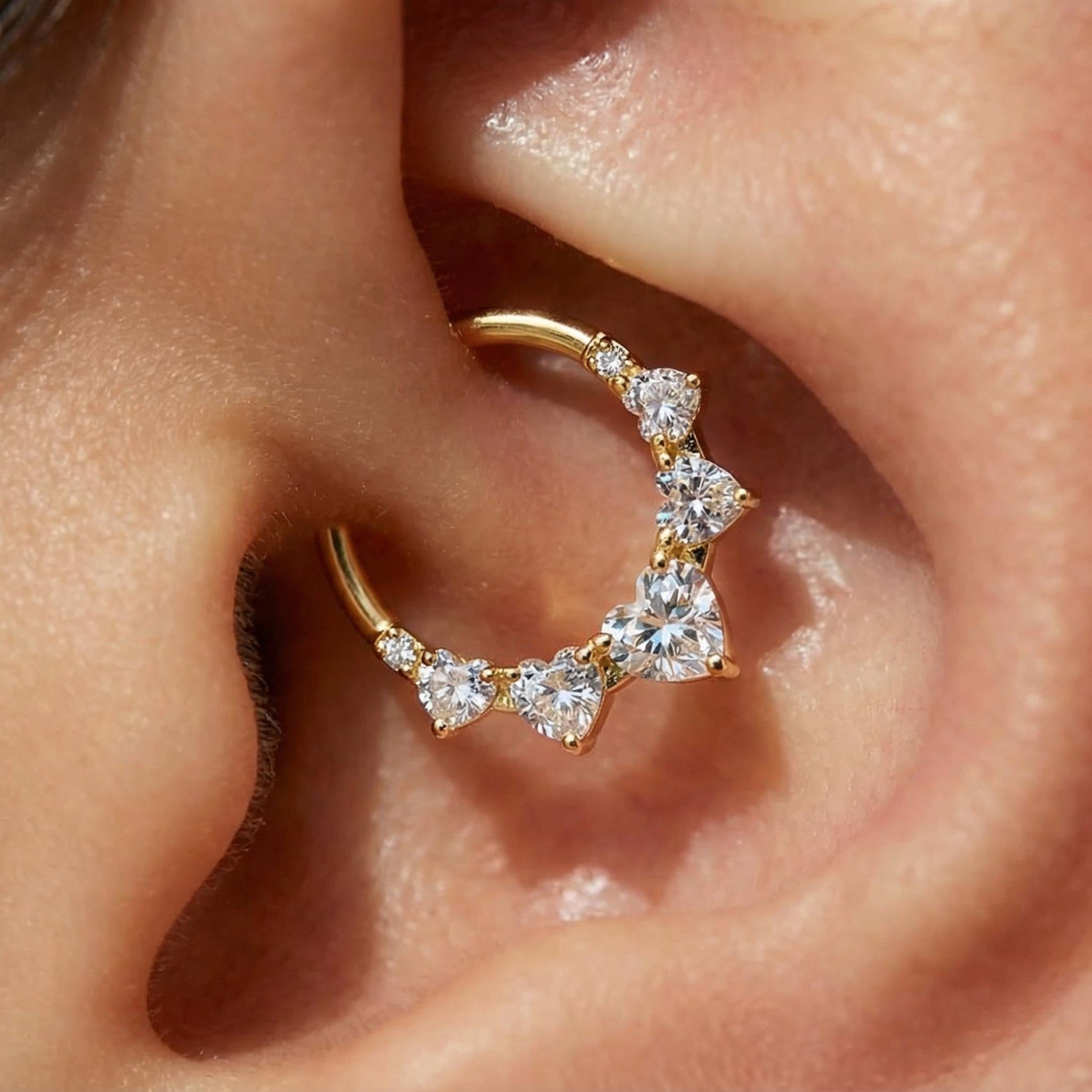 16G Titanium Heart Daith Clicker, CZ Paved Septum Ring, Hinged Segment Hoop, Hypoallergenic Cartilage Earring, Gold Silver