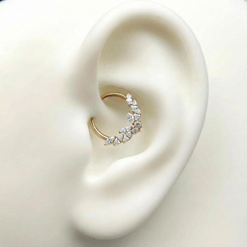 16G Titanium Butterfly Septum Clicker, Laurel CZ Daith Hoop, ASTM F136 Hinged Cartilage Earring, Botanical Helix Tragus Piercing