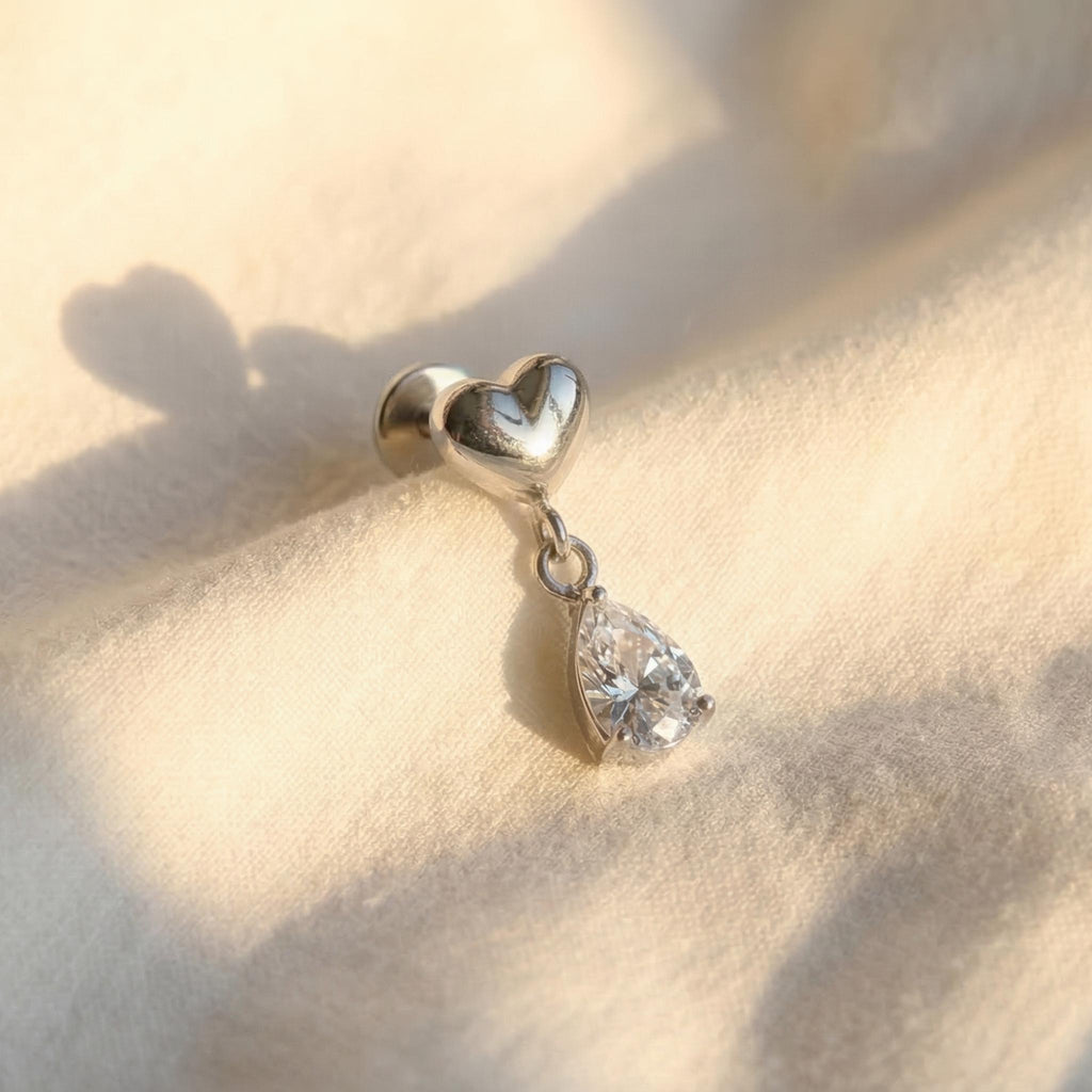 16G Titanium Heart Dangle Stud, Teardrop CZ Cartilage Earring, Flat Back Helix Tragus Piercing, Romantic Drop Labret Jewelry